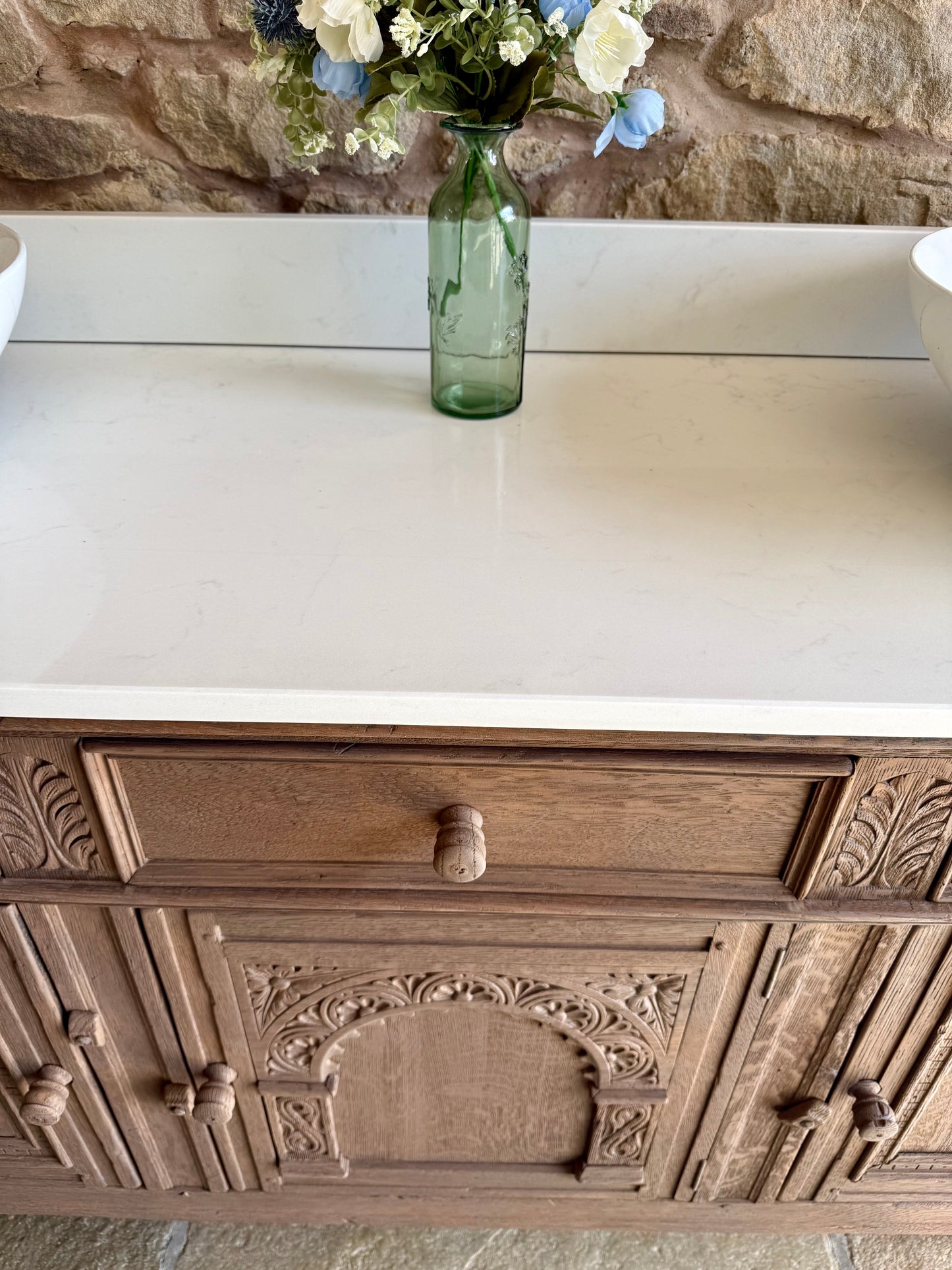 Rustic Antique Oak Vanity Sink Unit, Carrara Quartz Top, Upstand and Two Basins