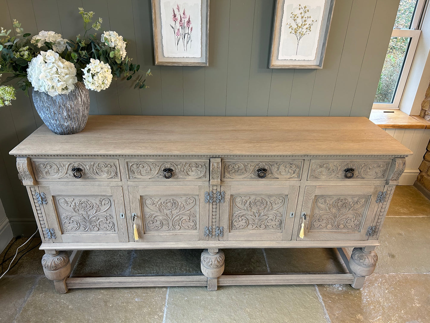 Vintage Carved Weathered Oak Sideboard