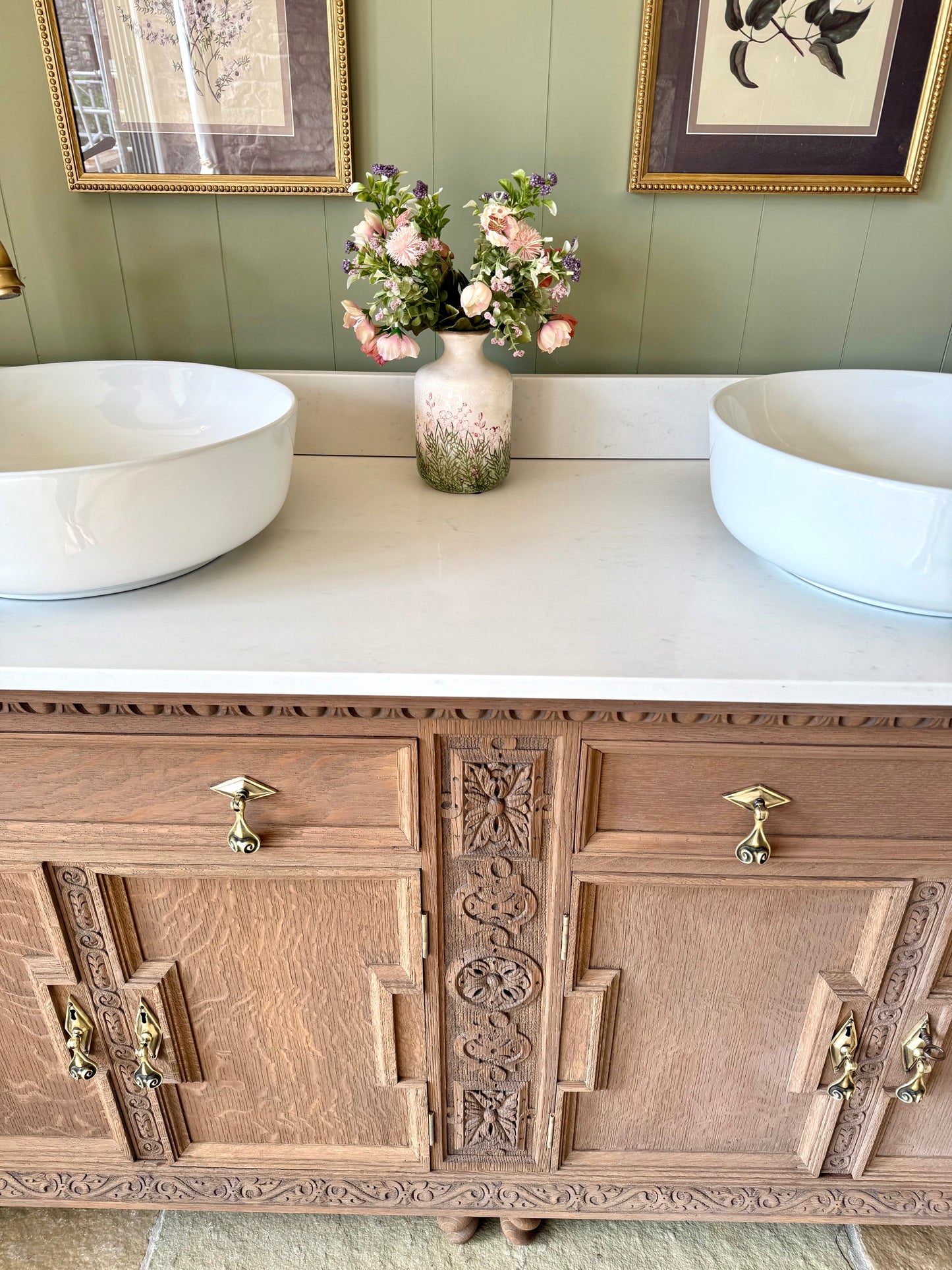 Large Mid Solid Oak Double Vanity Sink, Quartz top, Upstand and two basins. ( 185cm wide)