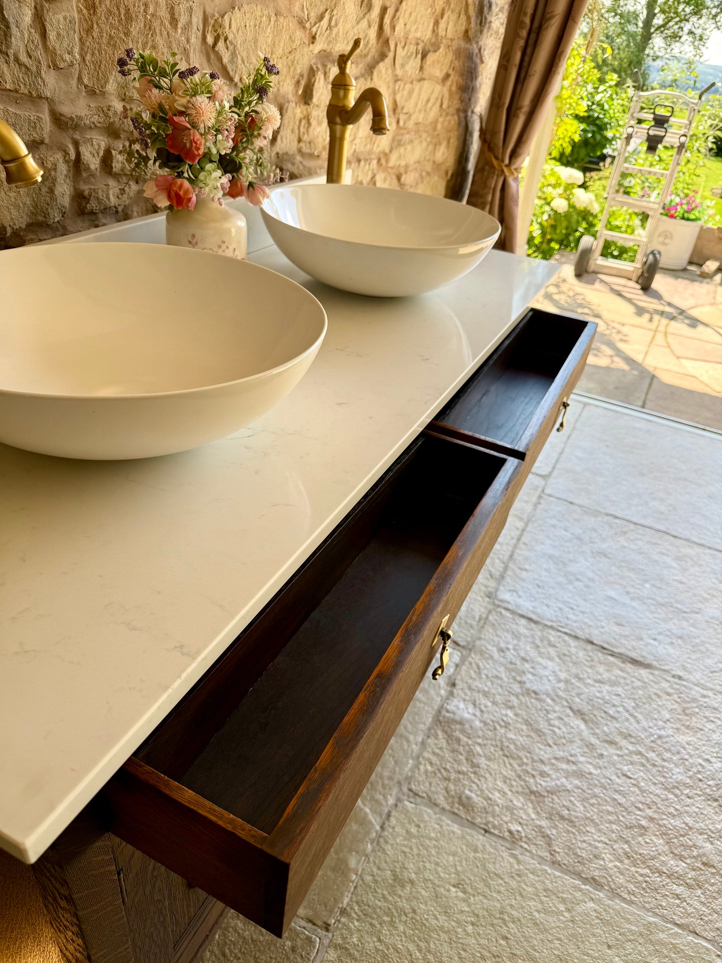 Vintage Classic Dark Oak Double Vanity Sink Unit, Carrara Quartz Top, Upstand and two basins. (139cm wide)