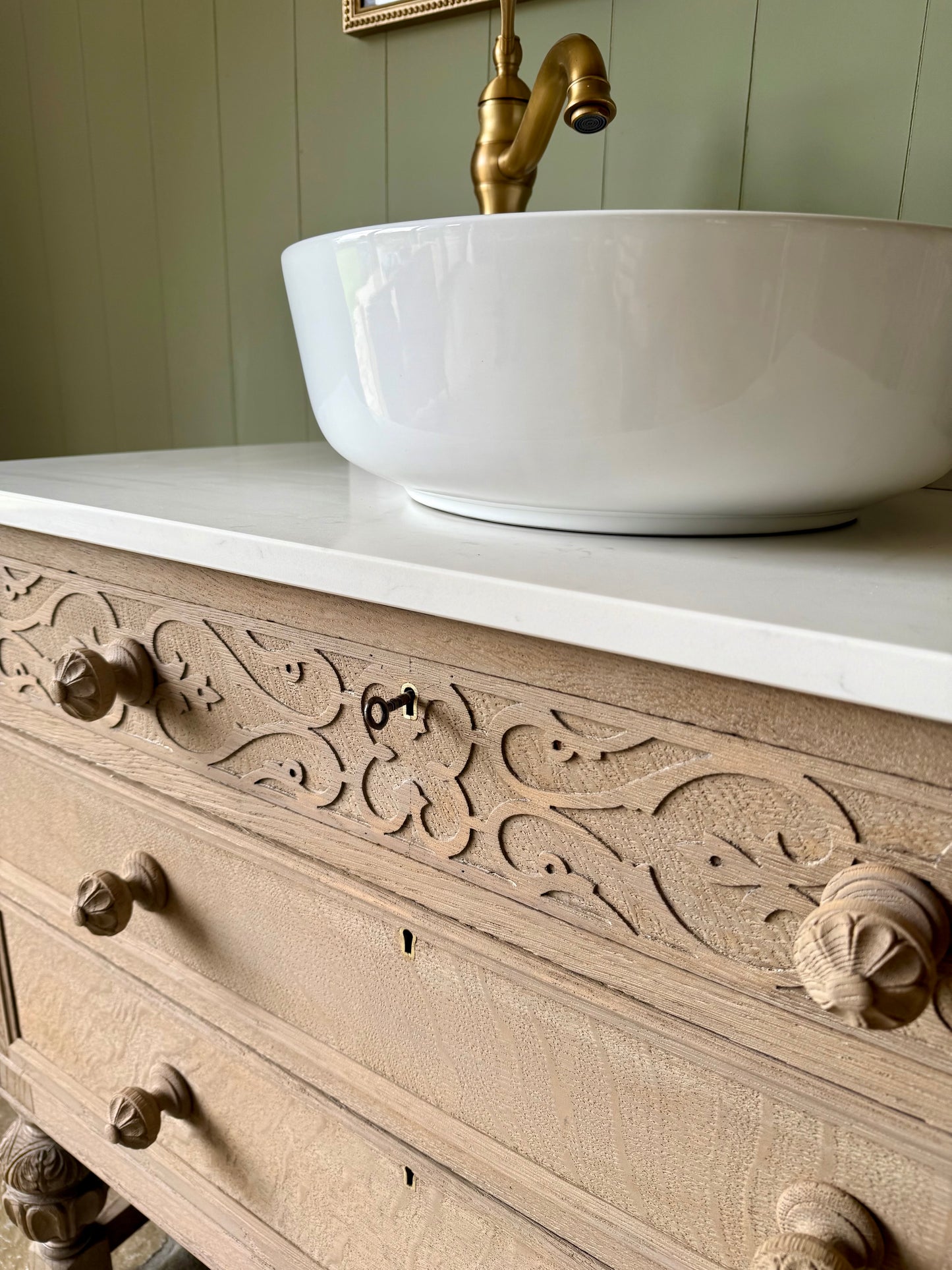Ornate Light Oak Vanity Sink, Carrara Quartz top, Upstand and basin (90.5cm wide)