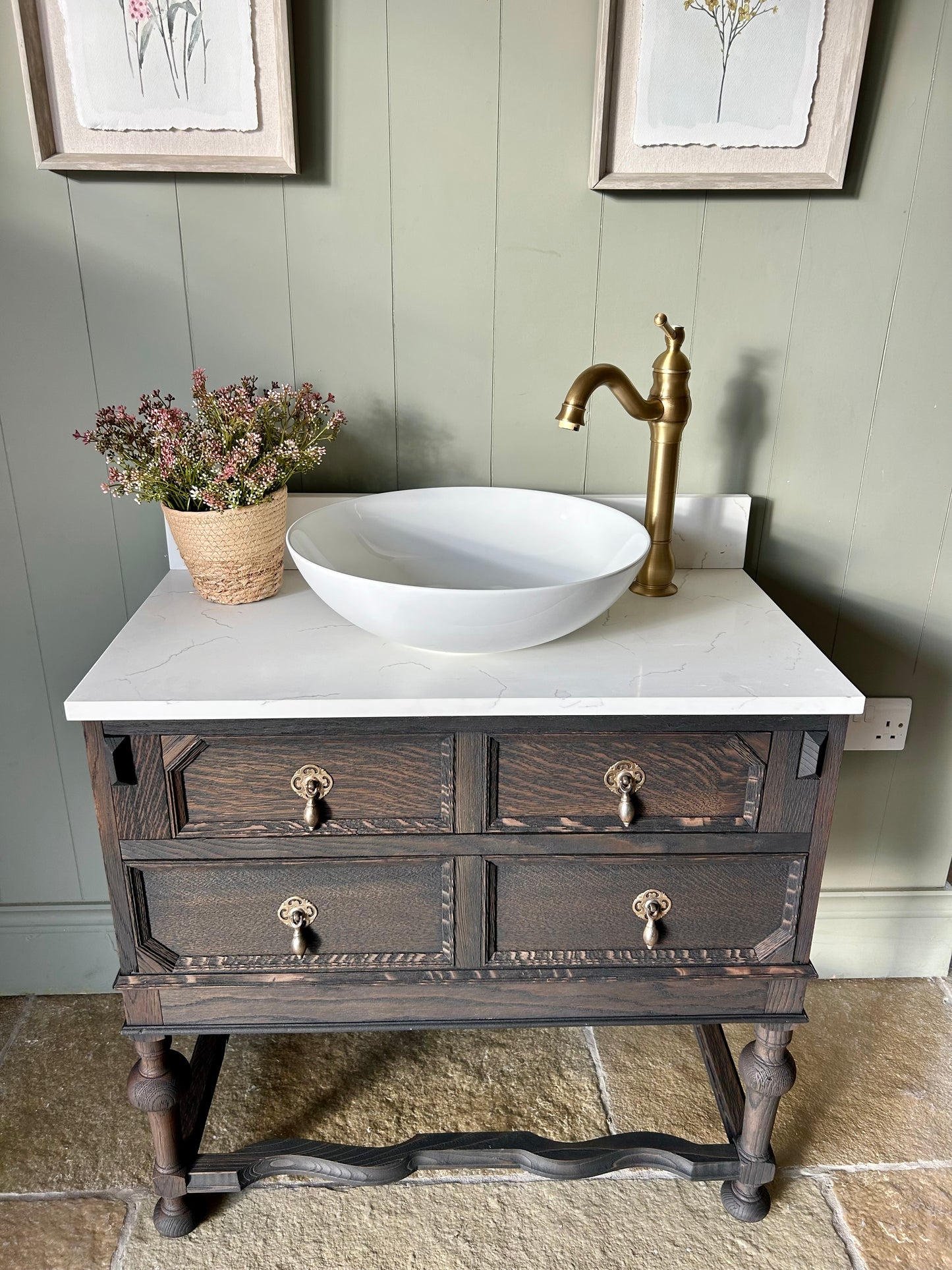 Dark Solid Oak Vintage Vanity Sink with quartz top, Upstand and Basin. 76cm wide
