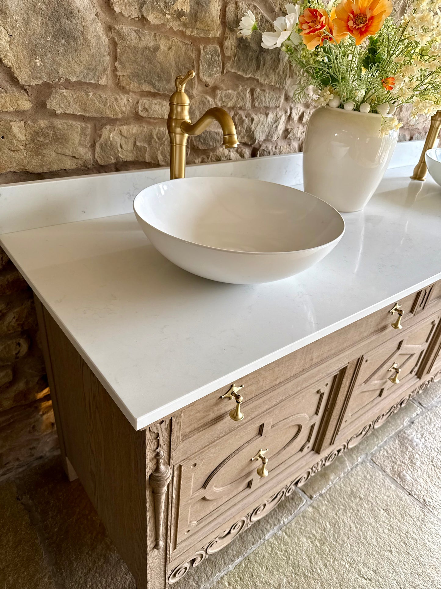 Large Double Vanity Sink, Quartz Top, Upstand and two basins (185cm wide)