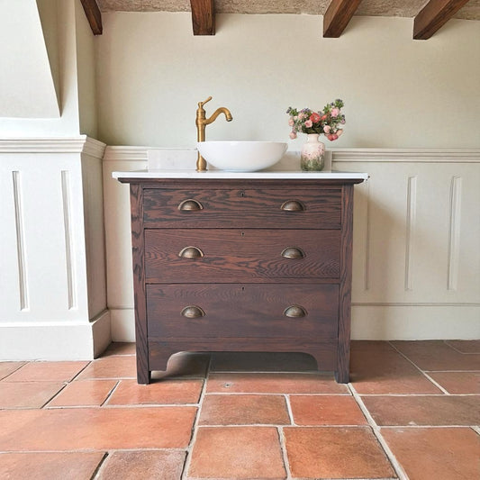 Vintage Vanity Sink in a Classic Dark Oak, Quartz top, Upstand and basin.