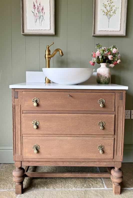 Vintage Oak Vanity Sink, Quartz top, Upstand and basin (77cm wide)