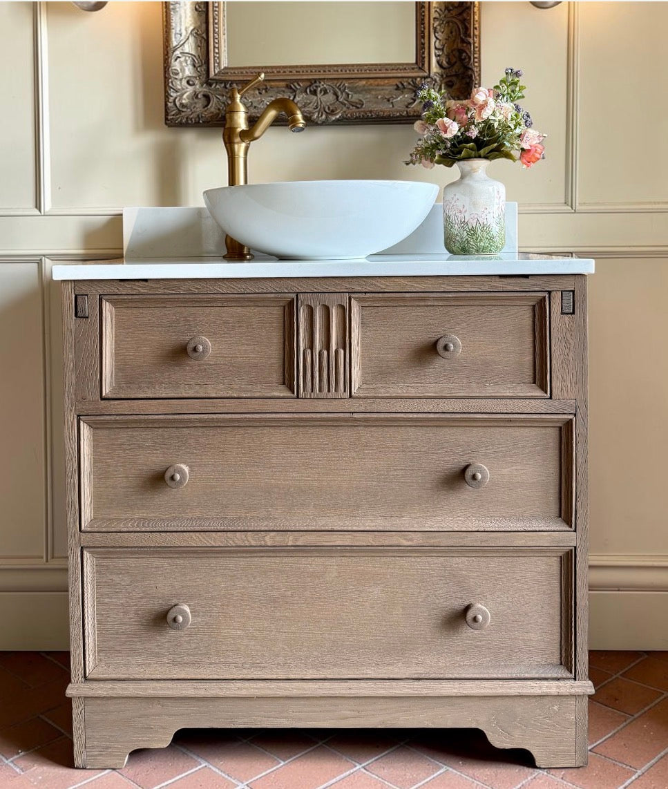Vintage Oak Vanity Sink Unit, Quartz Top, Upstand and Basin (78cm wide)