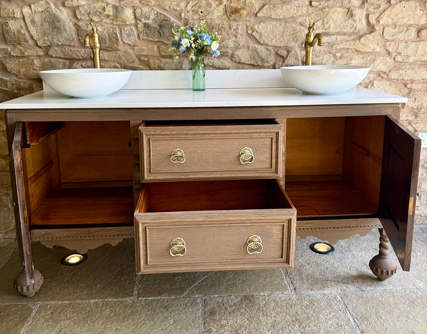 Large Vintage Double Oak Vanity Sink Unit, Quartz Top, Upstand and Basins (170cm wide)