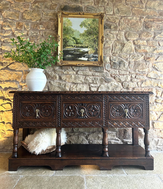 1700s Antique Solid Oak Console Table sideboard with beautiful hand carved detailing.