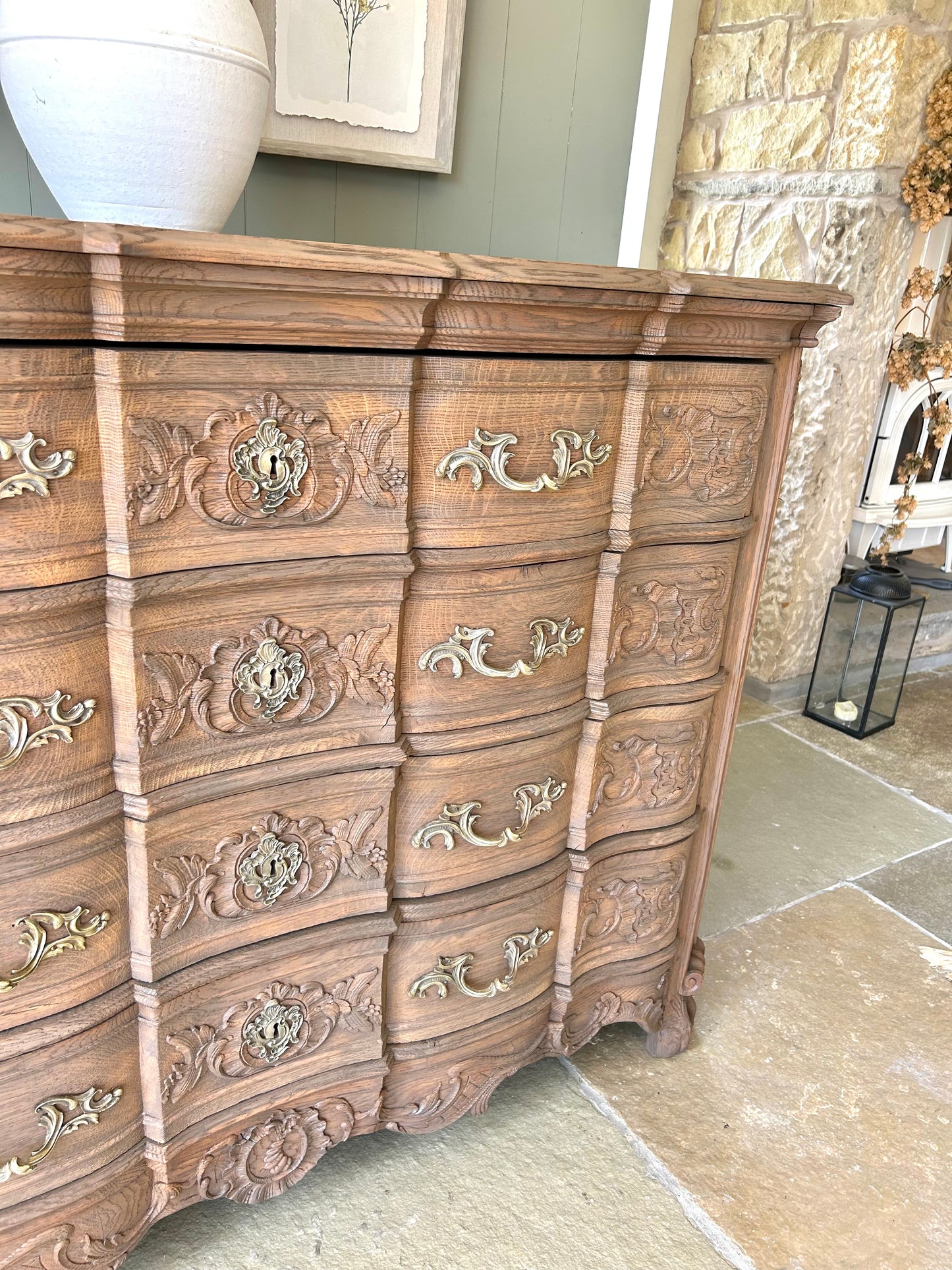 Large Antique French (c1890) Chest of Drawers, solid oak finished in a warm mid oak.