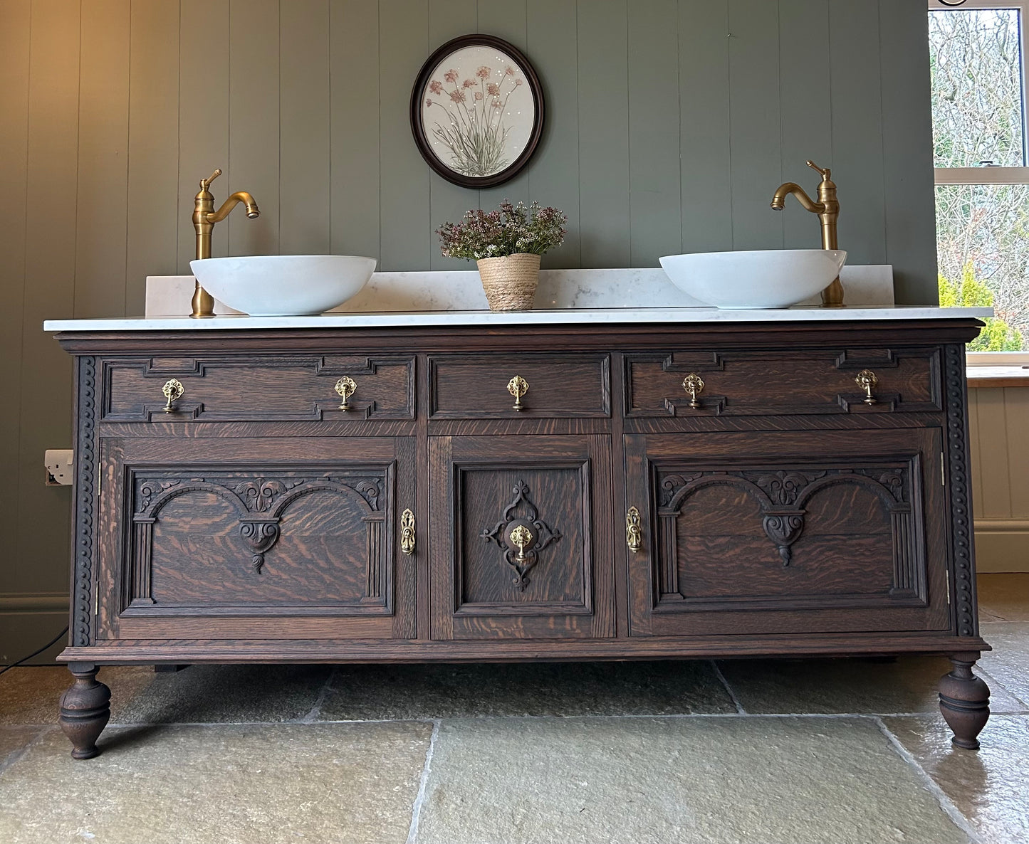 Large Vintage Double Vanity Sink 185cm in Dark Oak, Quartz top, Upstand and Basins