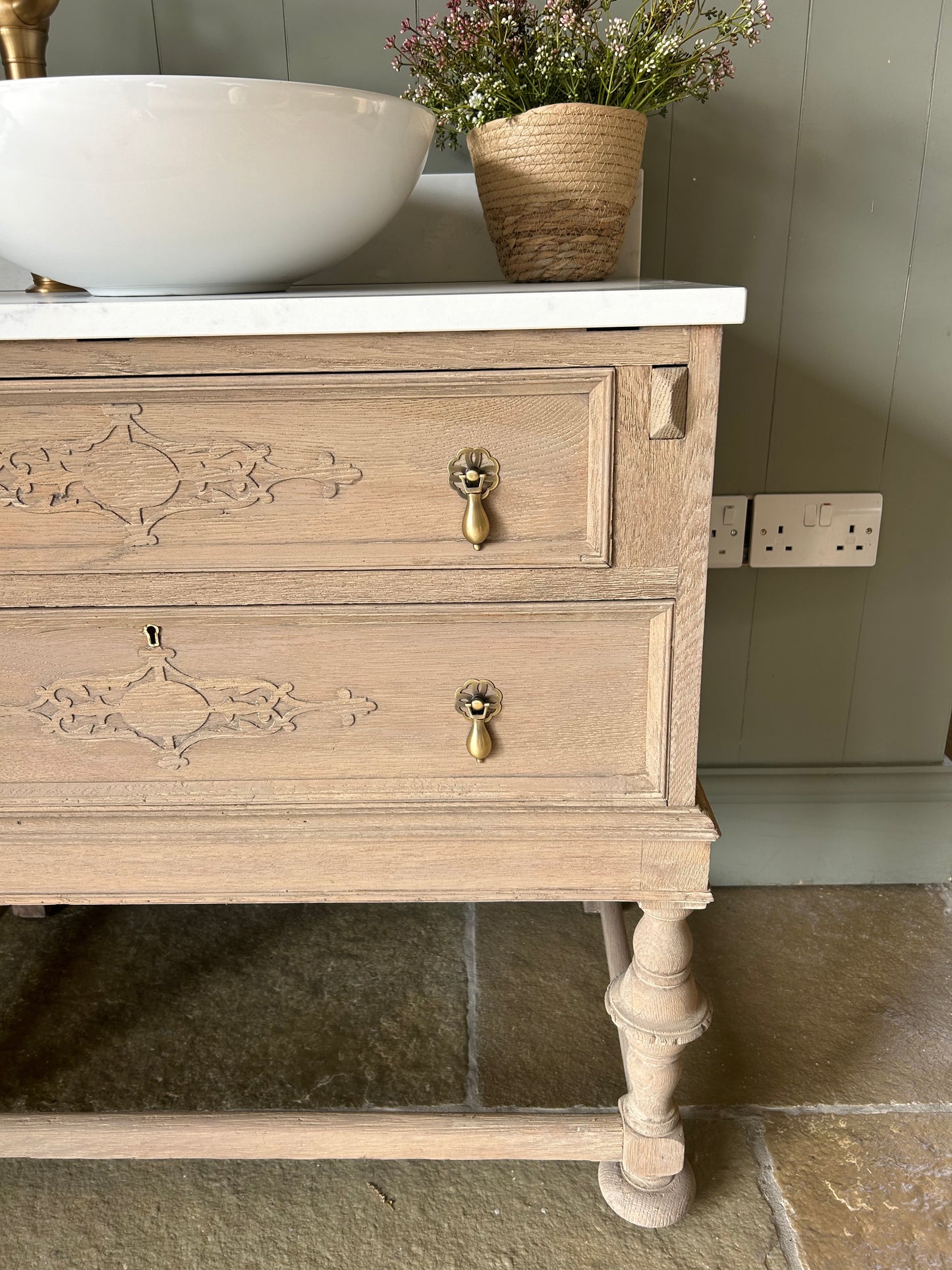 Vintage Weathered oak vanity sink unit with quartz/marble top, basins and upstand 80cm  wide