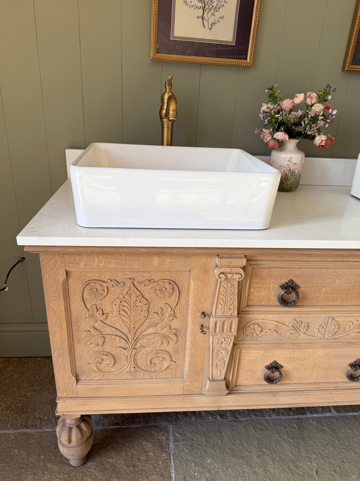 Pretty Carved Oak Vintage Vanity Sink Unit, Carrara Quartz top, Upstand and two basins (can be rectangular or circular basins) 154cm Wide