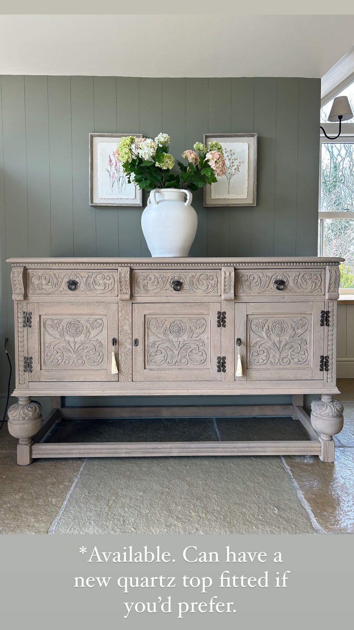 Vintage Weathered Oak Sideboard with carved detailing.