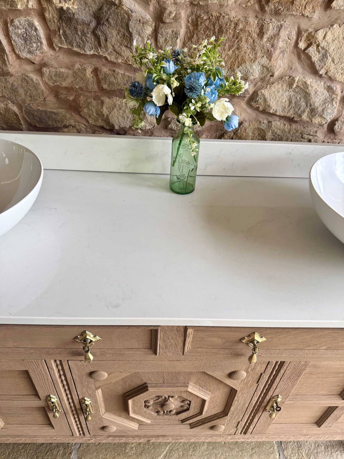 Large Vintage Oak Double Vanity Sink, Quartz Top, Upstand and two basins. (155cm wide)