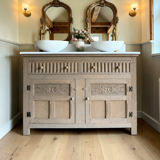 Solid Oak Double Vanity Sink Unit, Quartz Top, Upstand and two basins. (127cm wide)