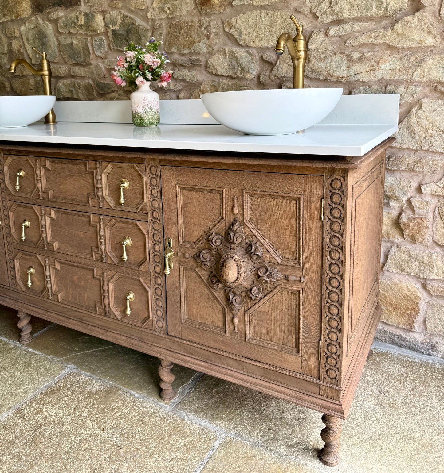 Large Carved Antique Solid Oak Vanity Sink Unit, Carrara Quartz Top, Upstand and TwoBasins.(182 cm wide)