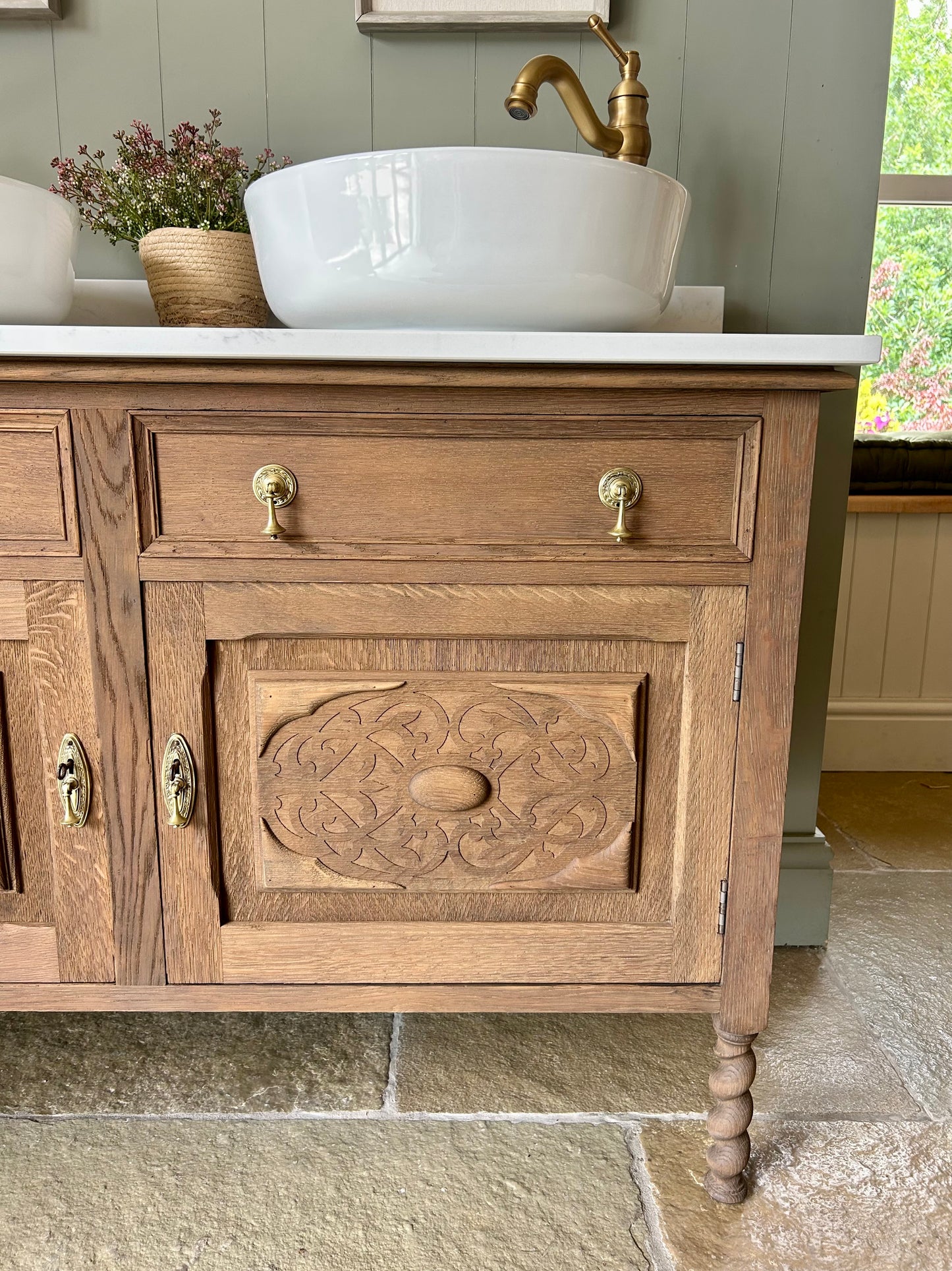 Vintage Mid Oak Double Vanity Sink, Carrara Quartz Top, Upstand and two countertop basins. (124cm wide)