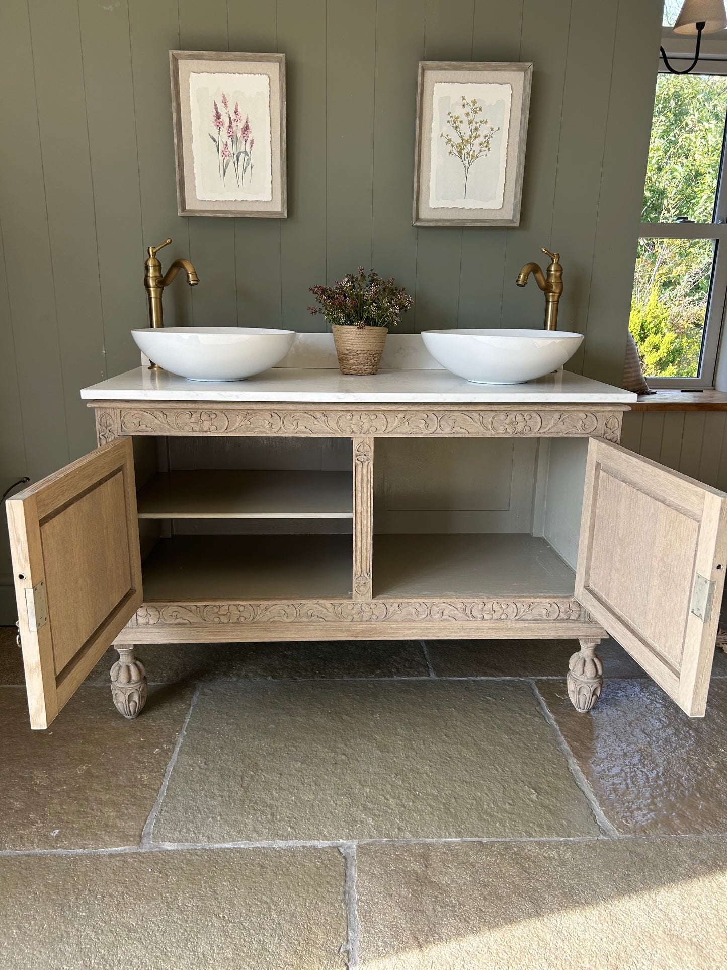 Ornate Vintage Solid Oak Double Vanity sink with Quartz top and Upstand finished in a Light Weathered Oak (124cm wide)