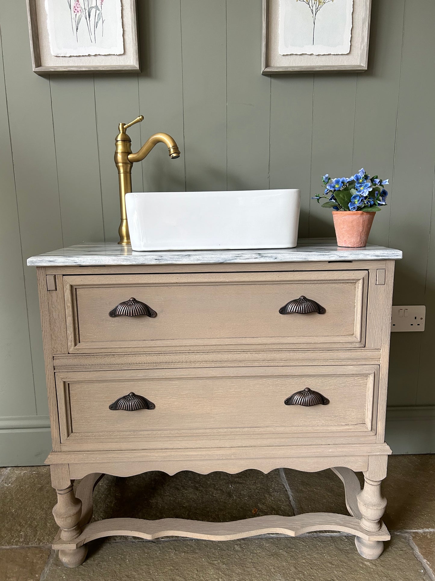 Vintage Marble Topped Vanity Sink finished in a Weathered Oak Style