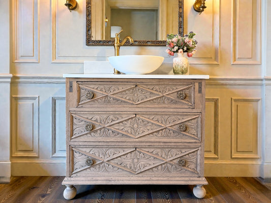 Antique Carved Oak Vanity Sink, Quartz top, Upstand and Basin. (88cm wide)
