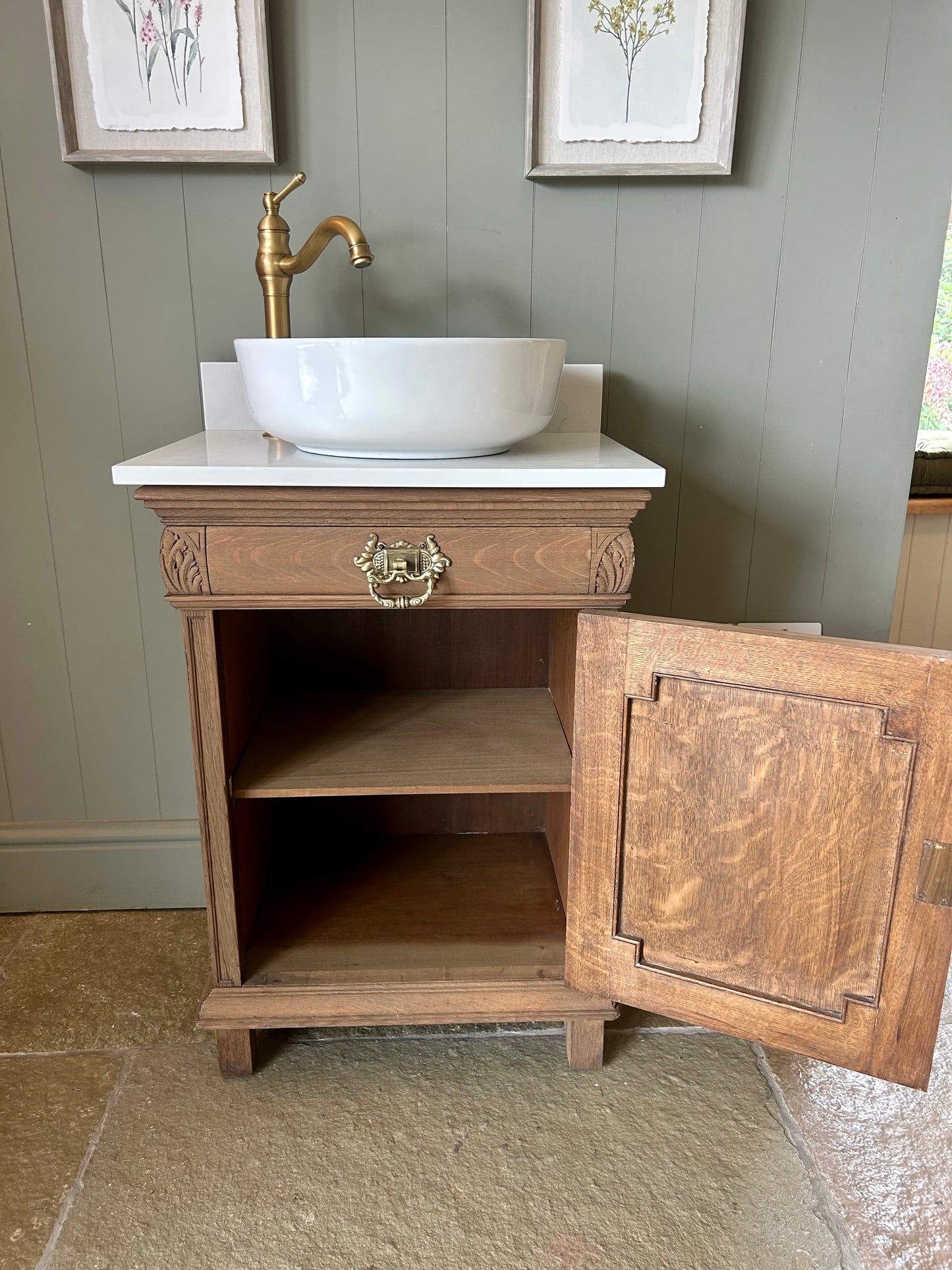 Small Vintage Oak Vanity Sink, Carrara Quartz top, Upstand and basin (61cm wide)