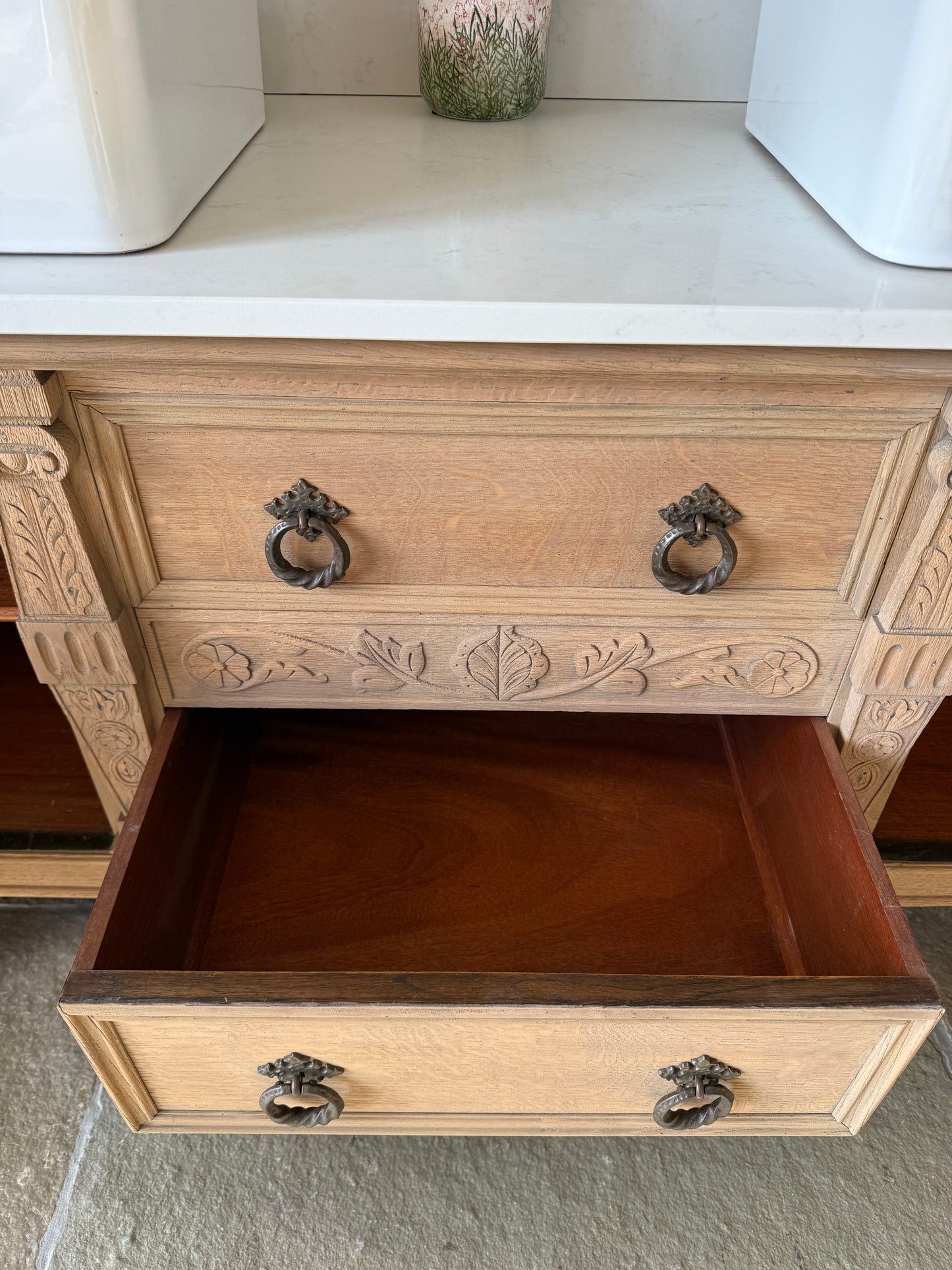 Pretty Carved Oak Vintage Vanity Sink Unit, Carrara Quartz top, Upstand and two basins (can be rectangular or circular basins) 154cm Wide