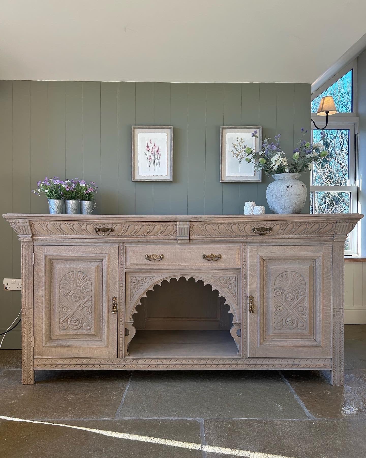 Large Vintage Weathered Oak Sideboard with Ornate Detailing.