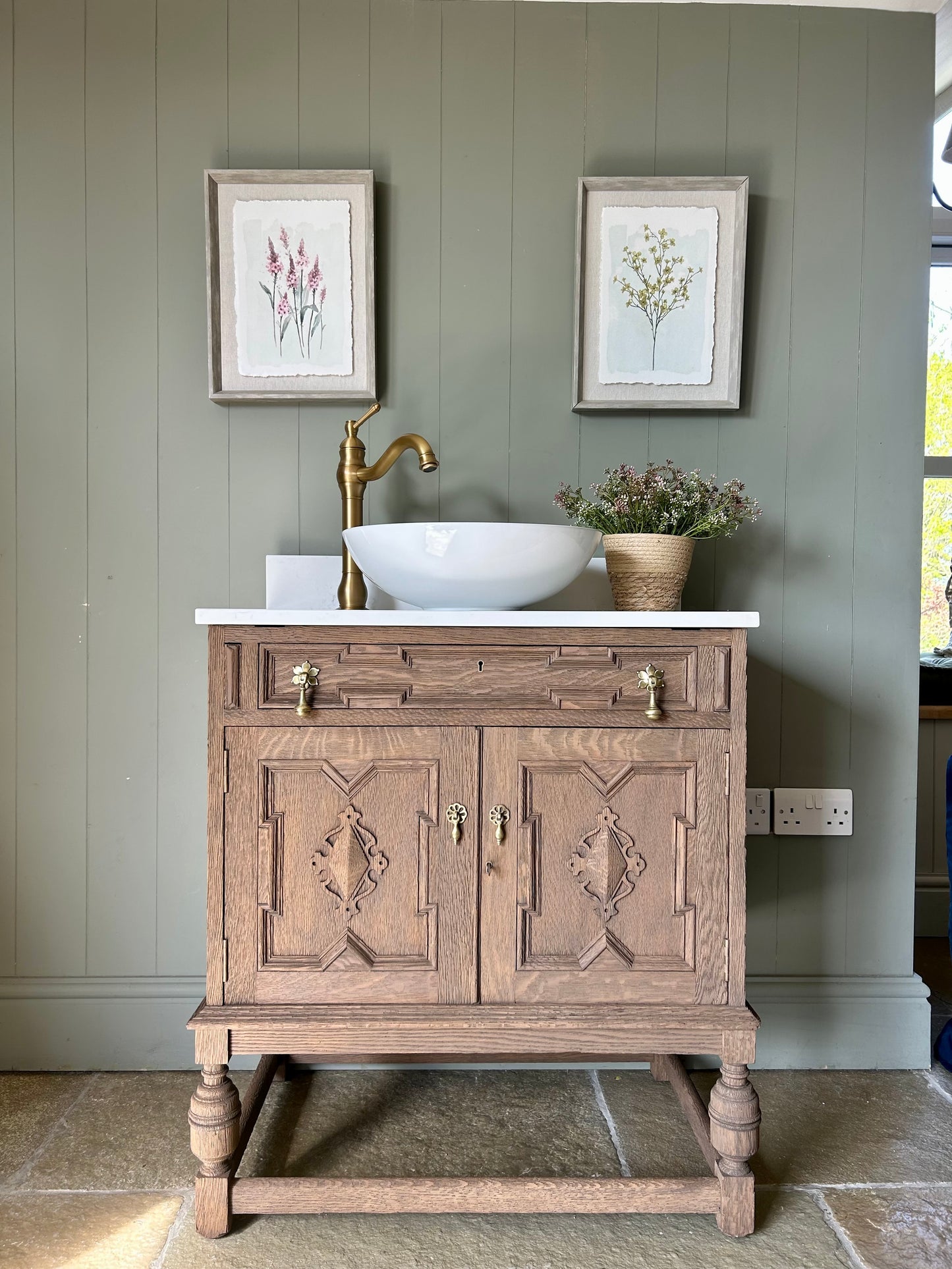 Vintage Solid Oak Vanity Sink finished in a Mid Oak, quartz top, Upstand and basin (75cm wide)