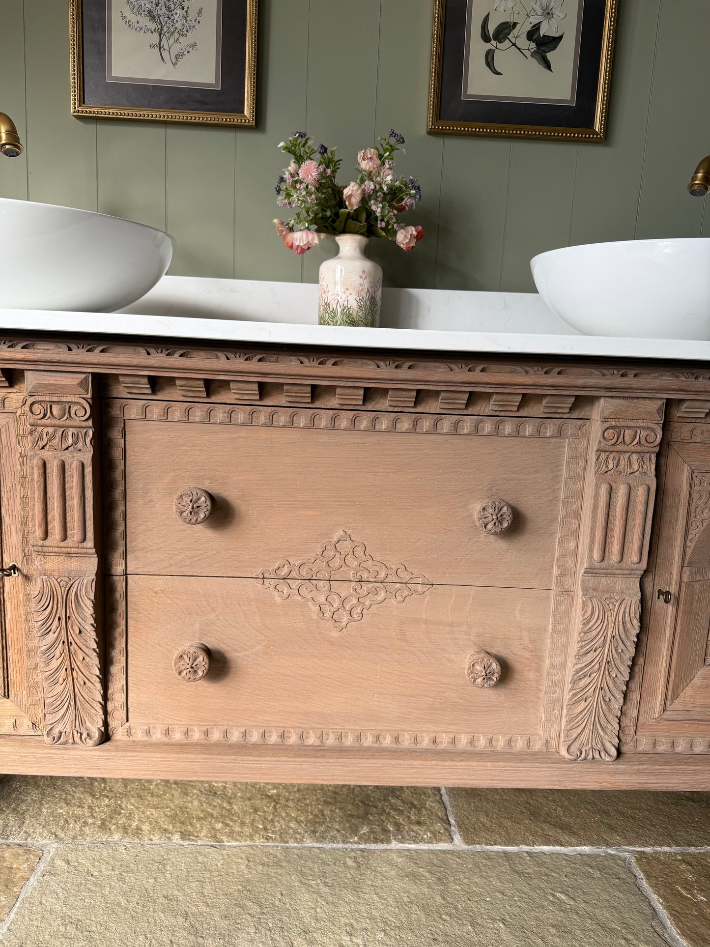 Large Antique Solid Oak Vanity Sink, Carrara Quartz top, Upstand and two basins. (168cm wide)