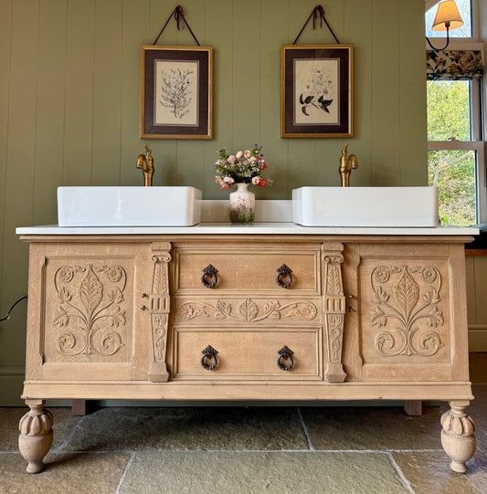 Pretty Carved Oak Vintage Vanity Sink Unit, Carrara Quartz top, Upstand and two basins (can be rectangular or circular basins) 154cm Wide