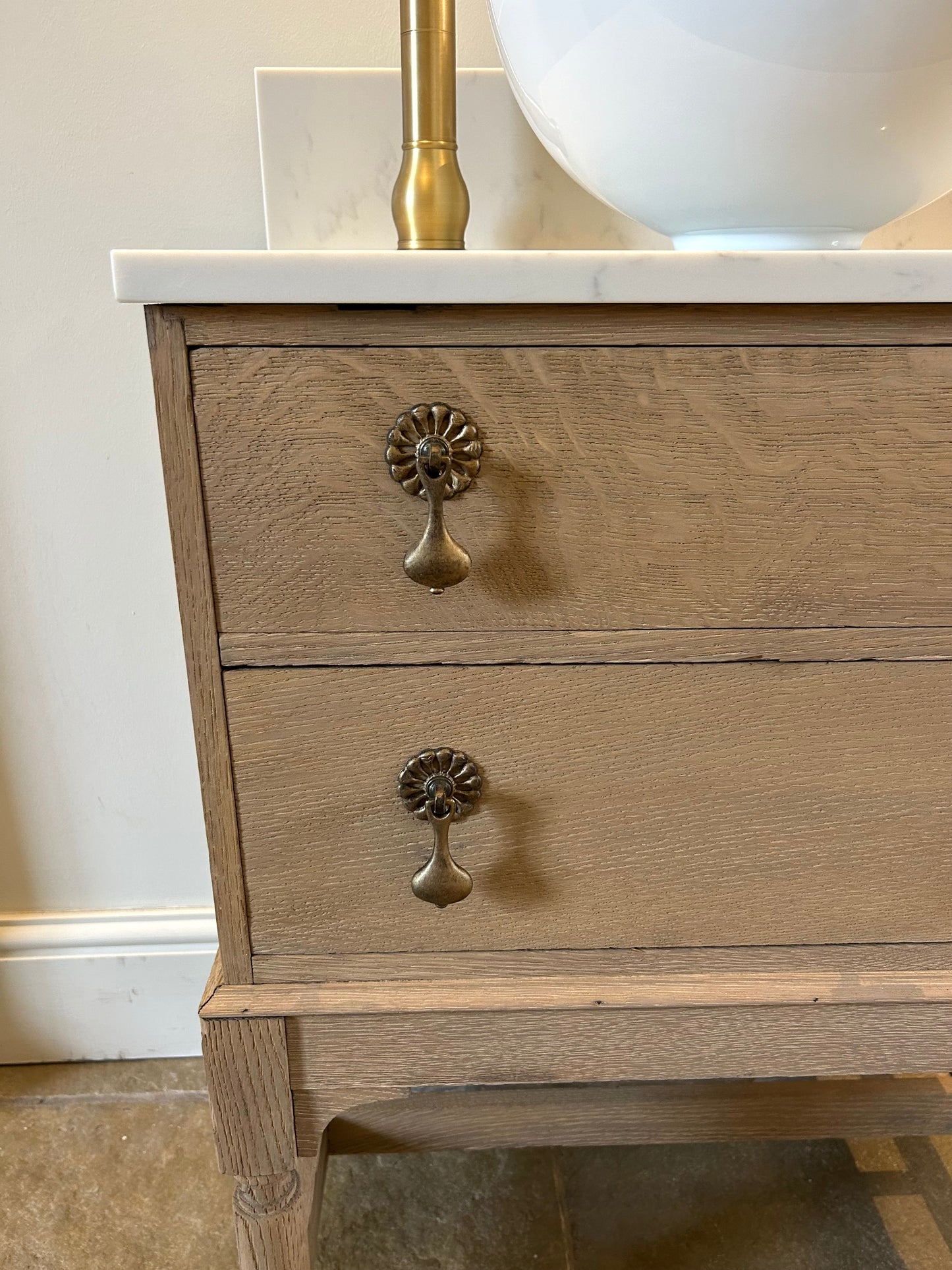 Small Marble Quartz top vanity Sink unit. Weathered Solid Oak 60cm wide