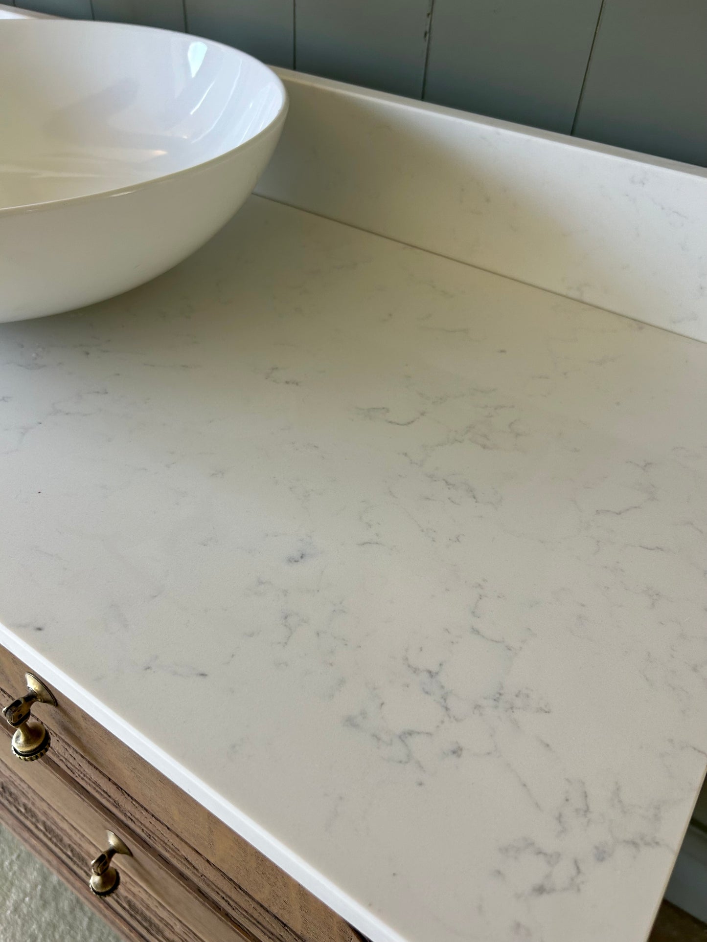 Solid Oak Vanity Sink in Warm Oak, quartz top, Upstand and Basin