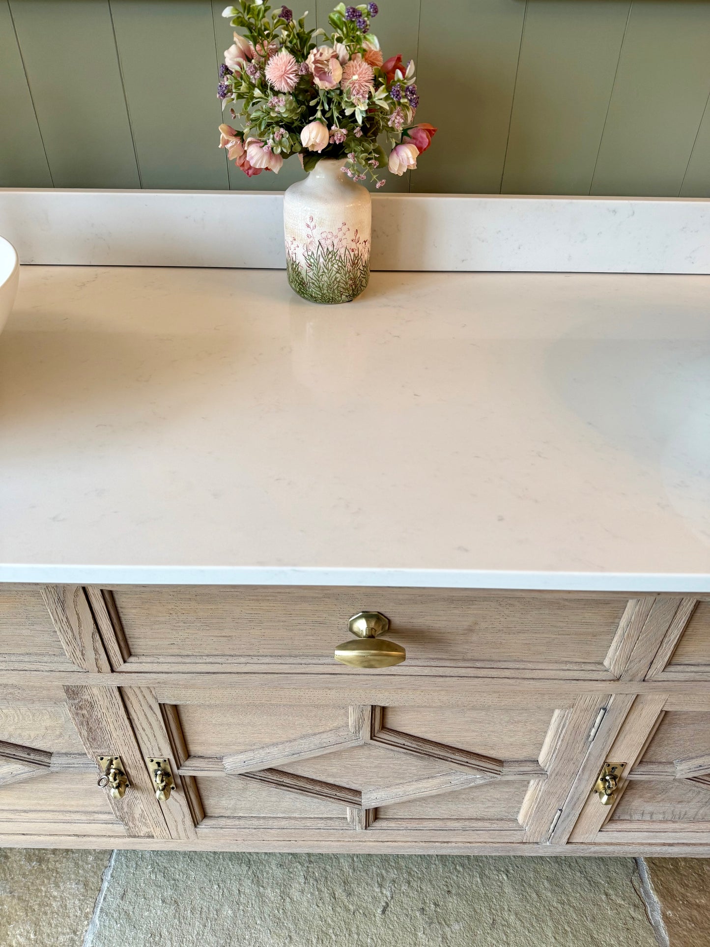 Extra Large Vintage Double Vanity Sink, Carrara Quartz top, Upstand and two basins. Solid Light Oak. (185cm wide)