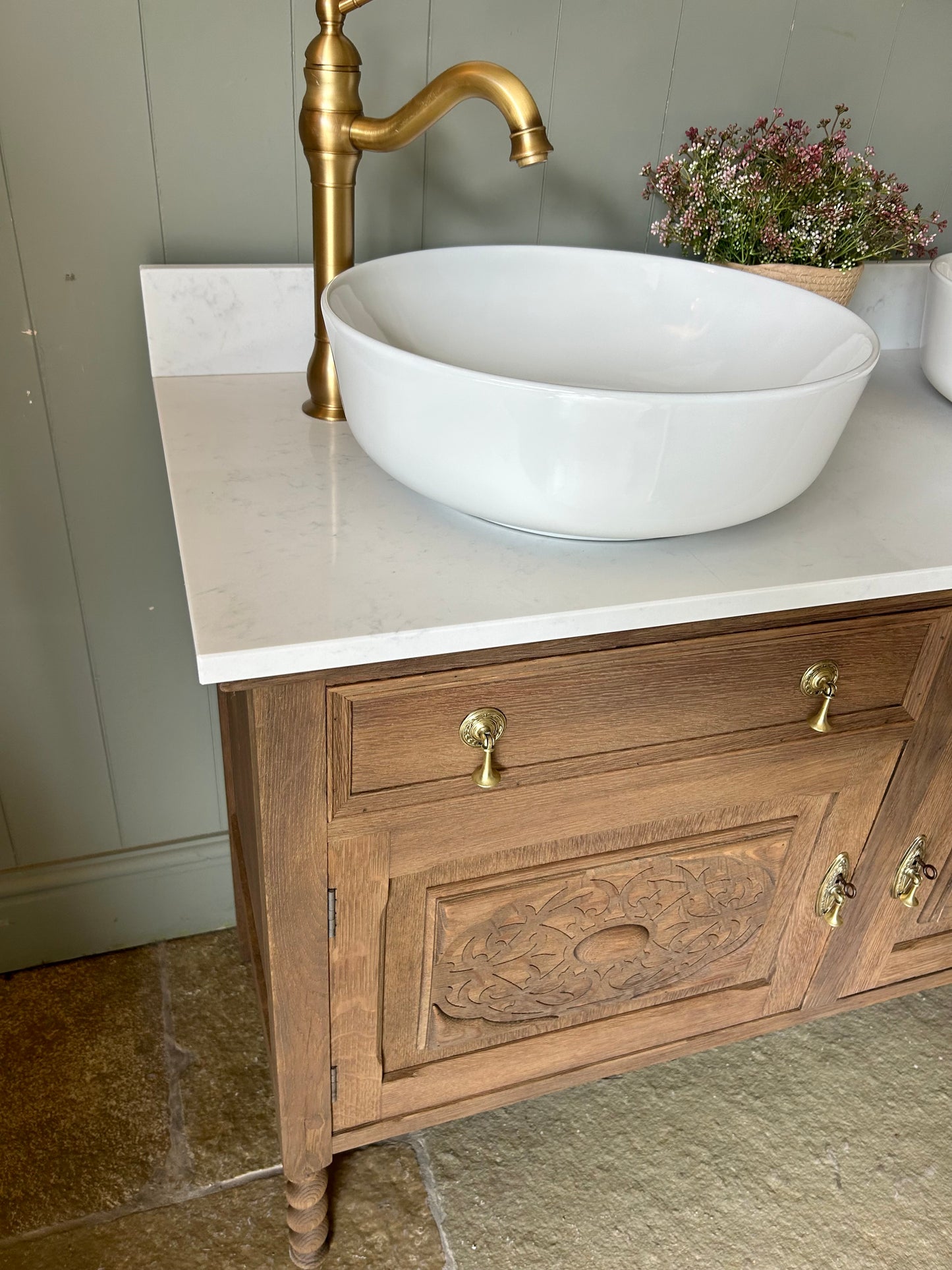 Vintage Mid Oak Double Vanity Sink, Carrara Quartz Top, Upstand and two countertop basins. (124cm wide)