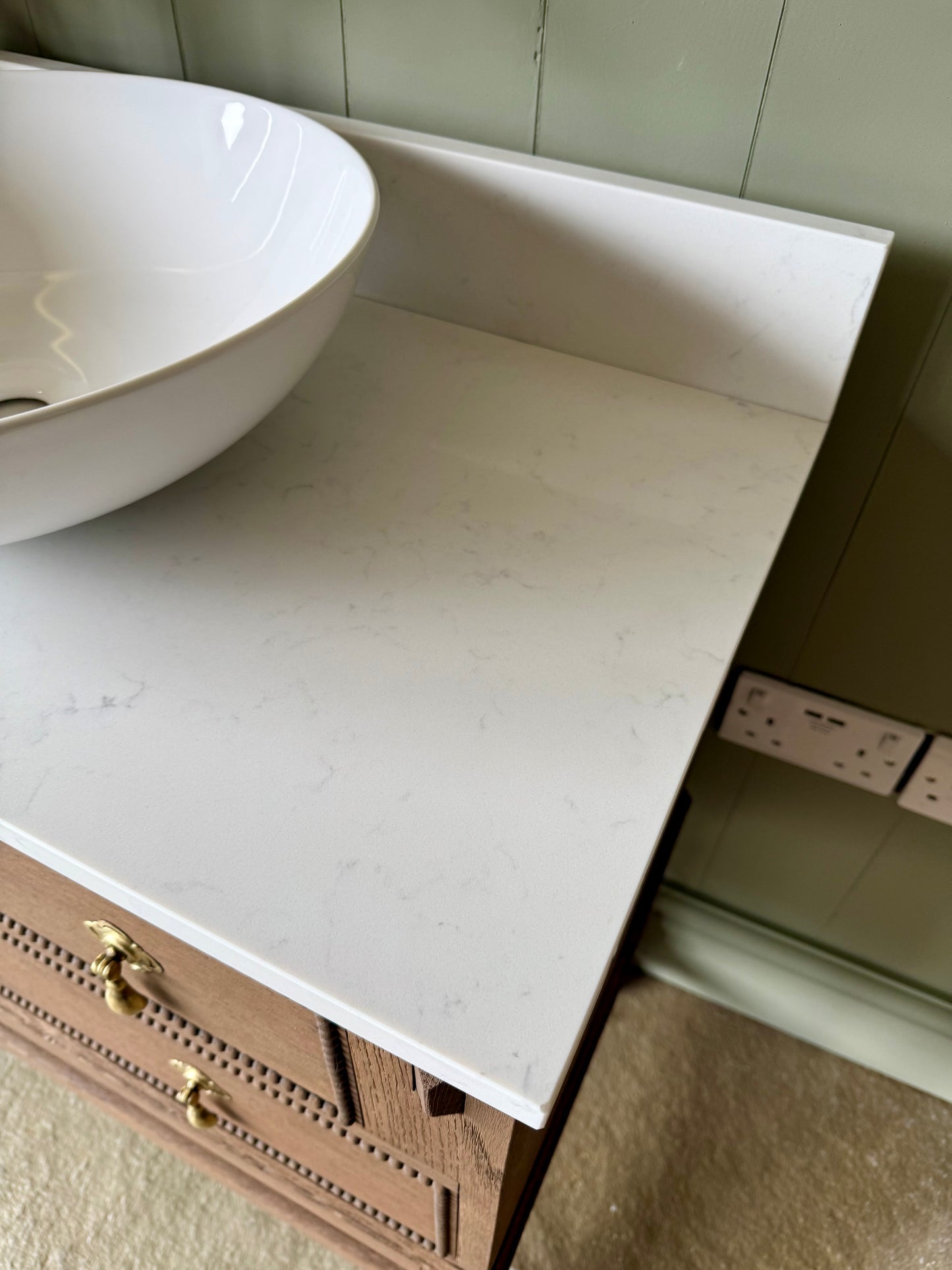 Single Oak Vanity, Carrara Quartz top, basin and Upstand. (78cm wide)