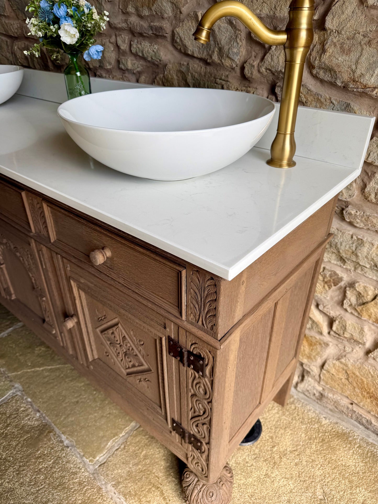 Rustic Antique Oak Vanity Sink Unit, Carrara Quartz Top, Upstand and Two Basins