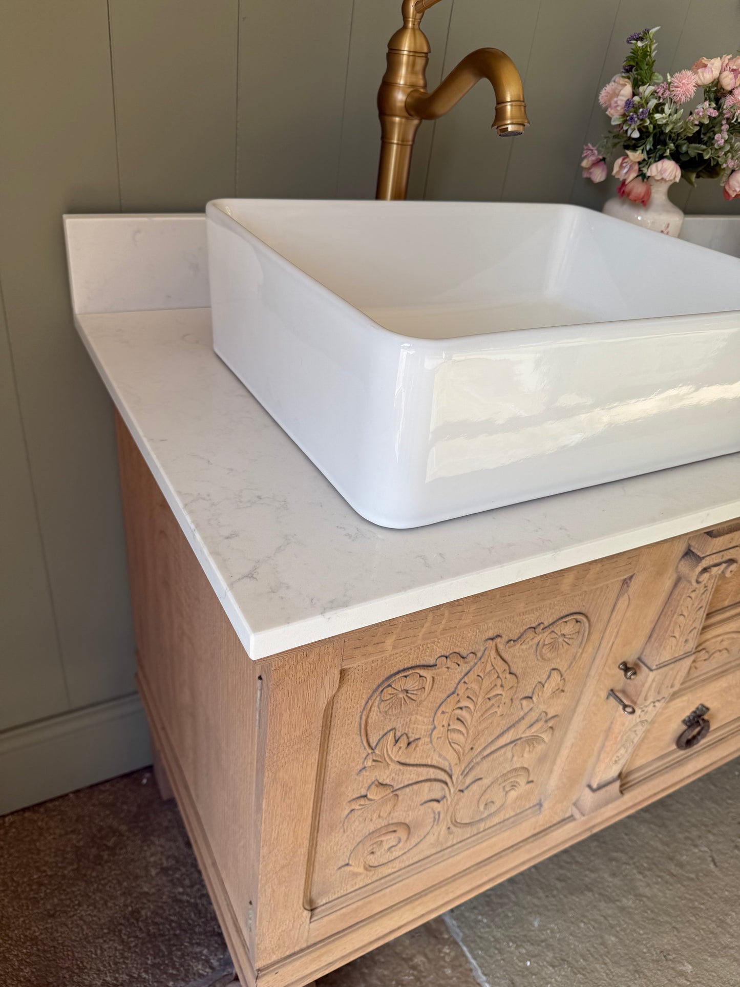 Pretty Carved Oak Vintage Vanity Sink Unit, Carrara Quartz top, Upstand and two basins (can be rectangular or circular basins) 154cm Wide