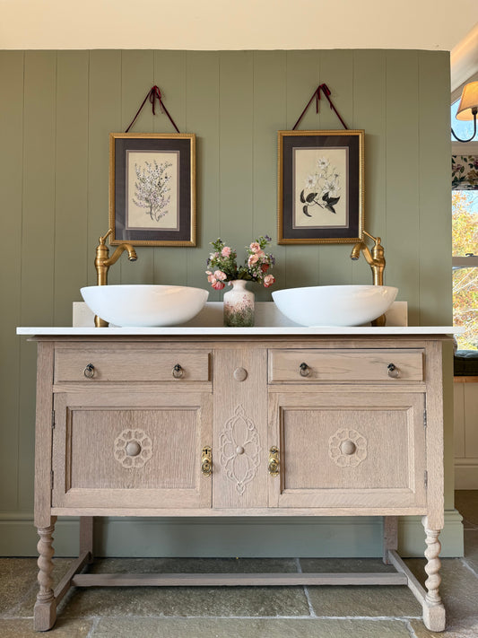 Light oak Vintage Double or Single Vanity Sink Unit, Quartz top, Upstand.