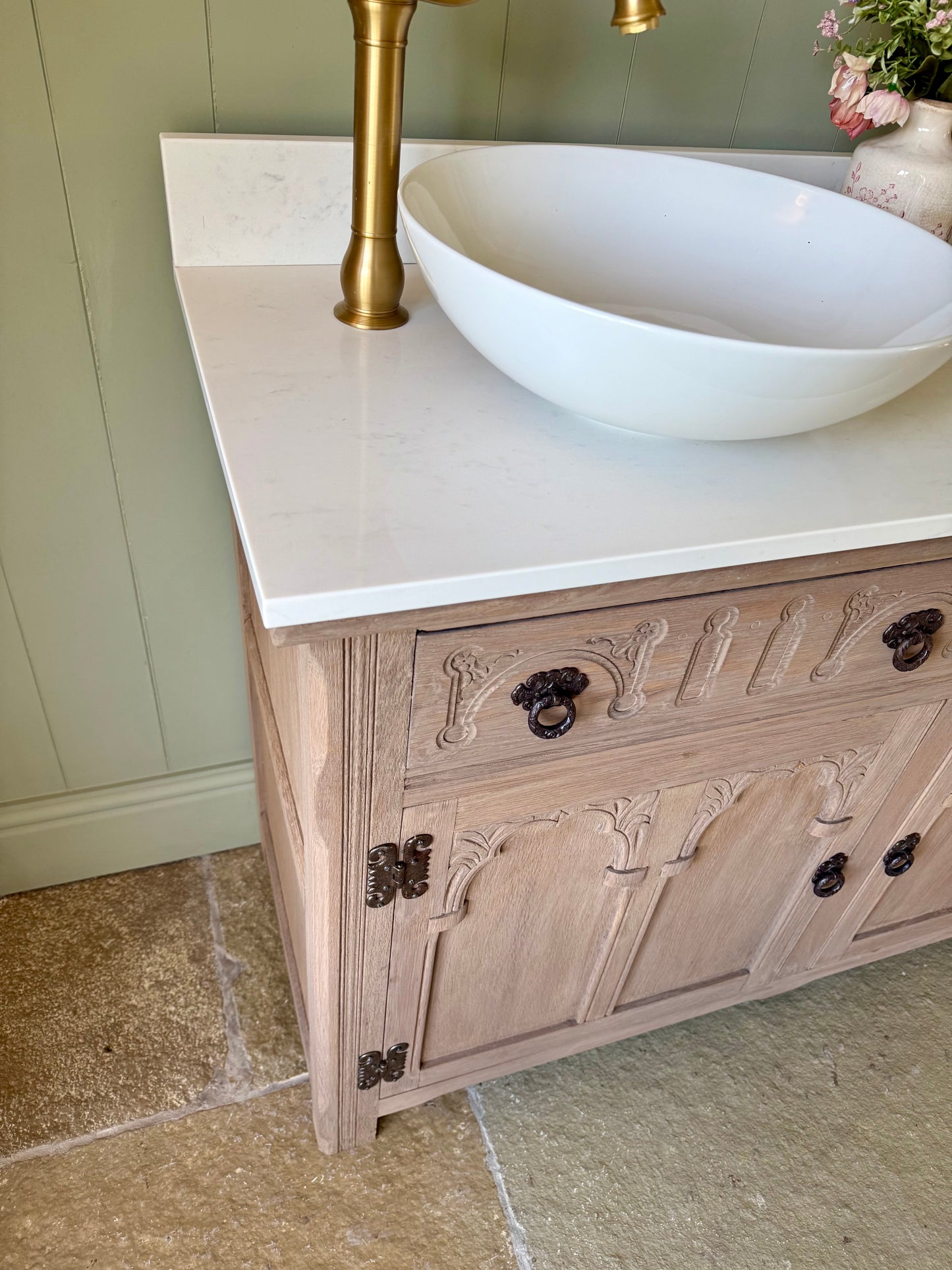 Beautiful Oak Vanity Sink, Carrara Quartz top, Upstand and two basins. (128 cm wide)