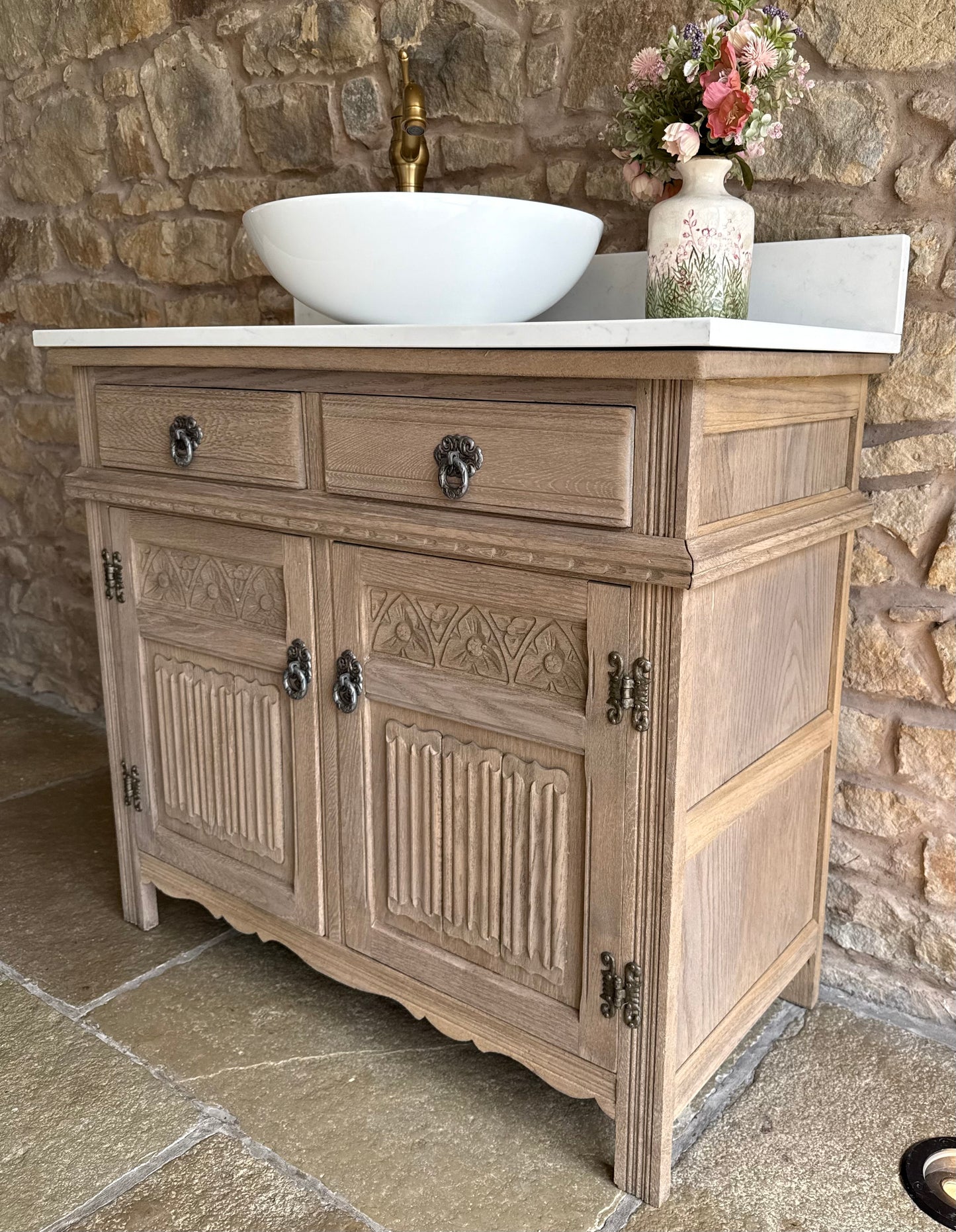 Vintage Oak Vanity Sink, Carrara Quartz top, Upstand and basin. (95cm wide)
