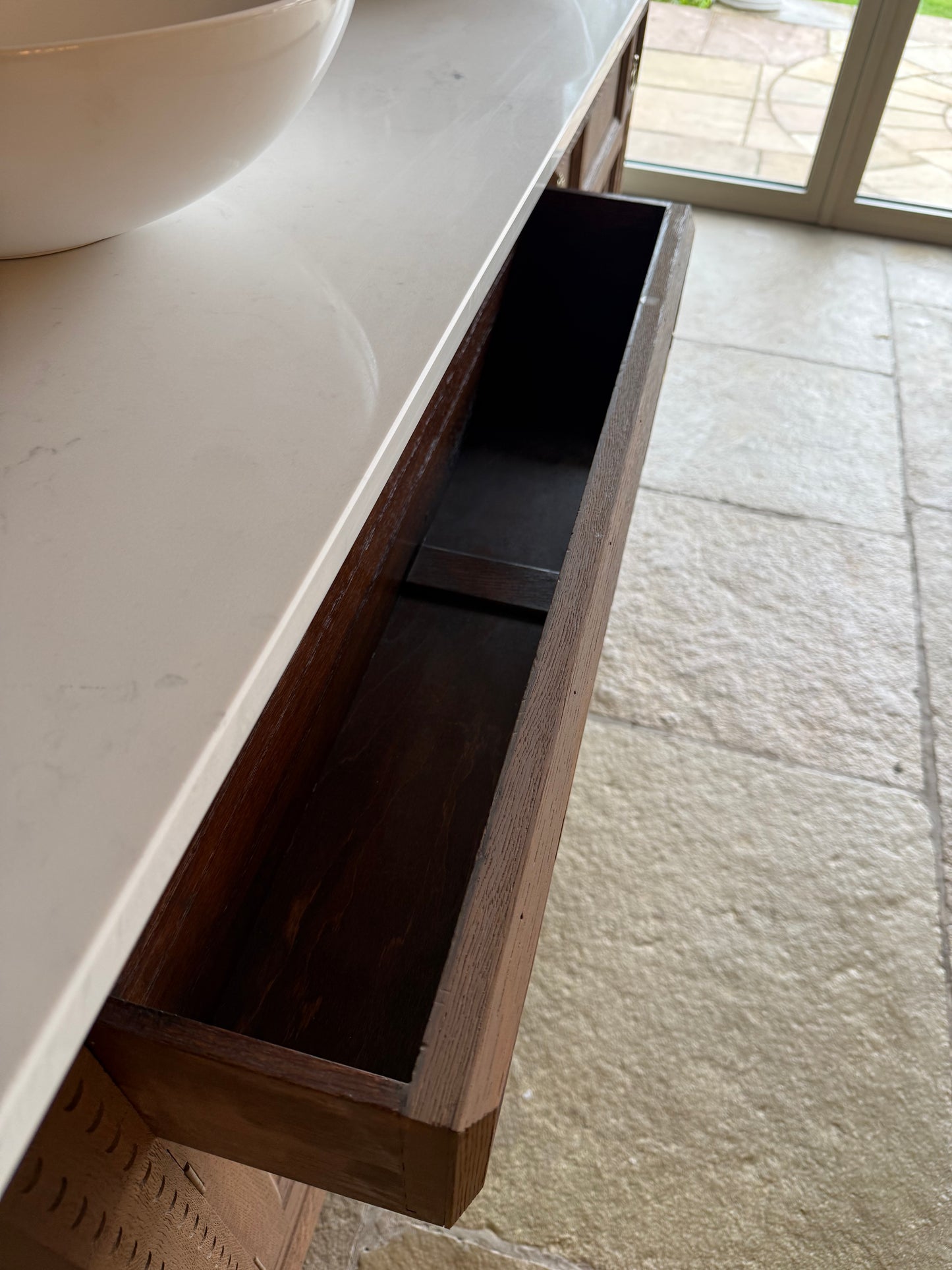 Large Solid Oak Double Vanity Sink Unit, Quartz Top, Upstand and Two Basins (185cm wide)