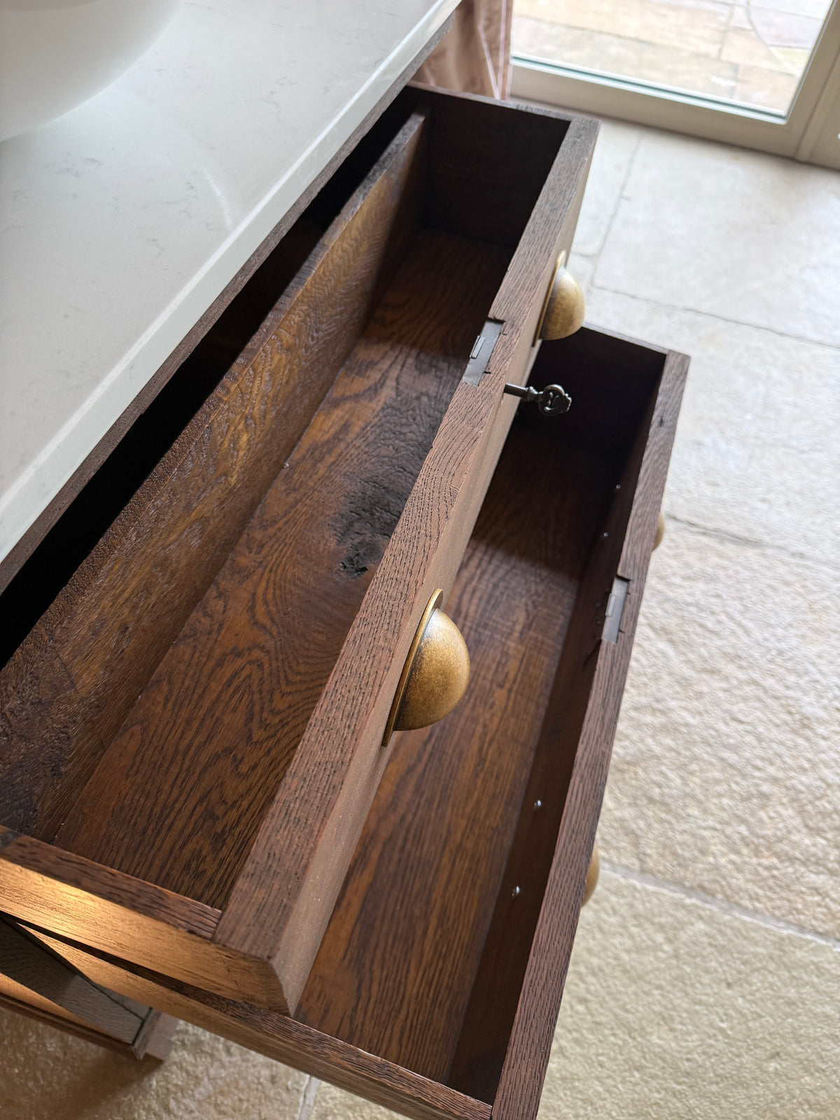 Vintage Solid Oak Vanity Sink Unit, in a Classic Dark Oak, Quartz Top, Upstand and Basin (79cm)