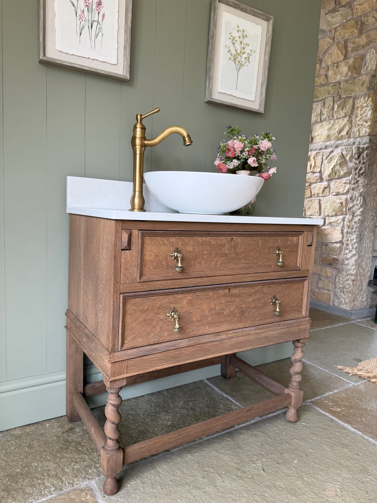 Antique Solid Oak Single Vanity Sink, Carrara Quartz top, Upstand and basin. (77cm wide)
