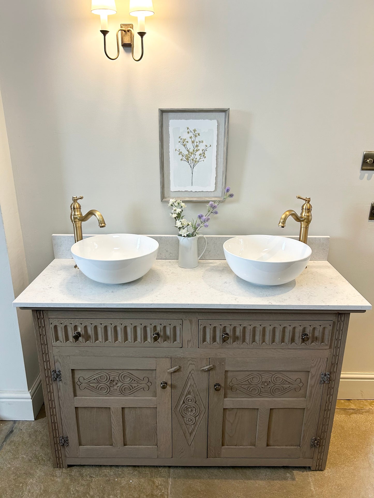 Large Rustic Vintage Double Vanity with Quartz top.