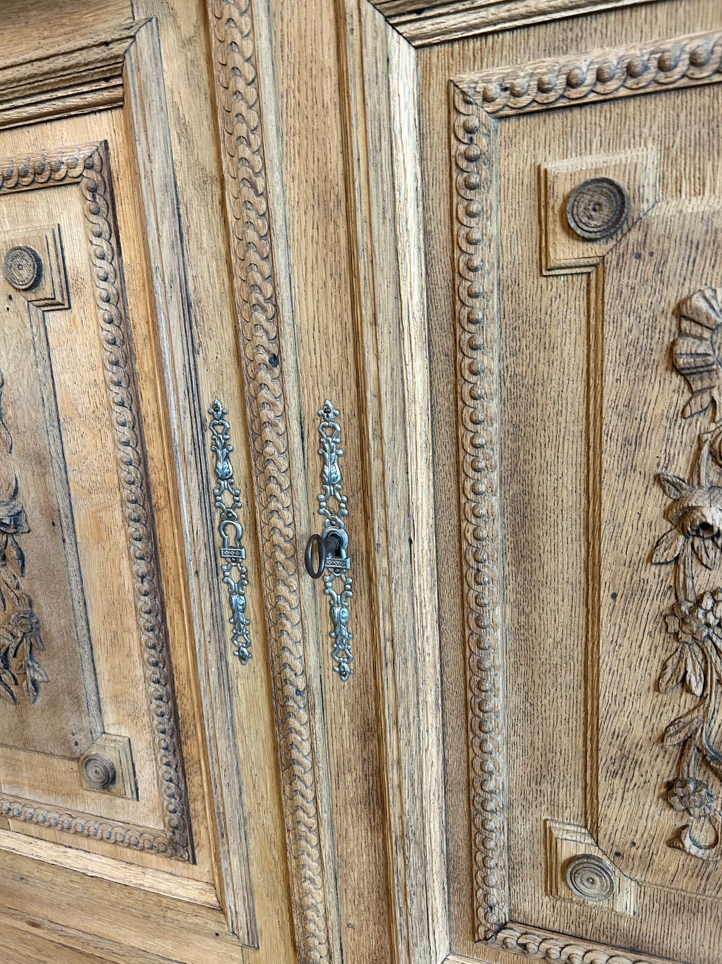 Rustic Solid Oak Narrow Sideboard with pretty Musical and Floral Carvings