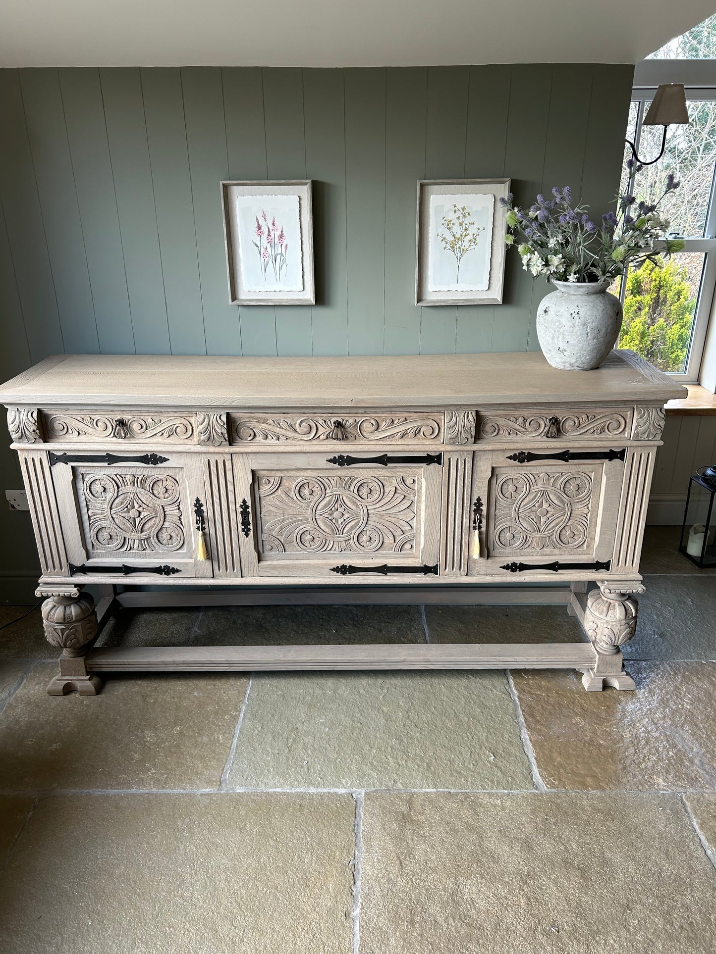 Large Ornate Carved Rustic Antique Sideboard.