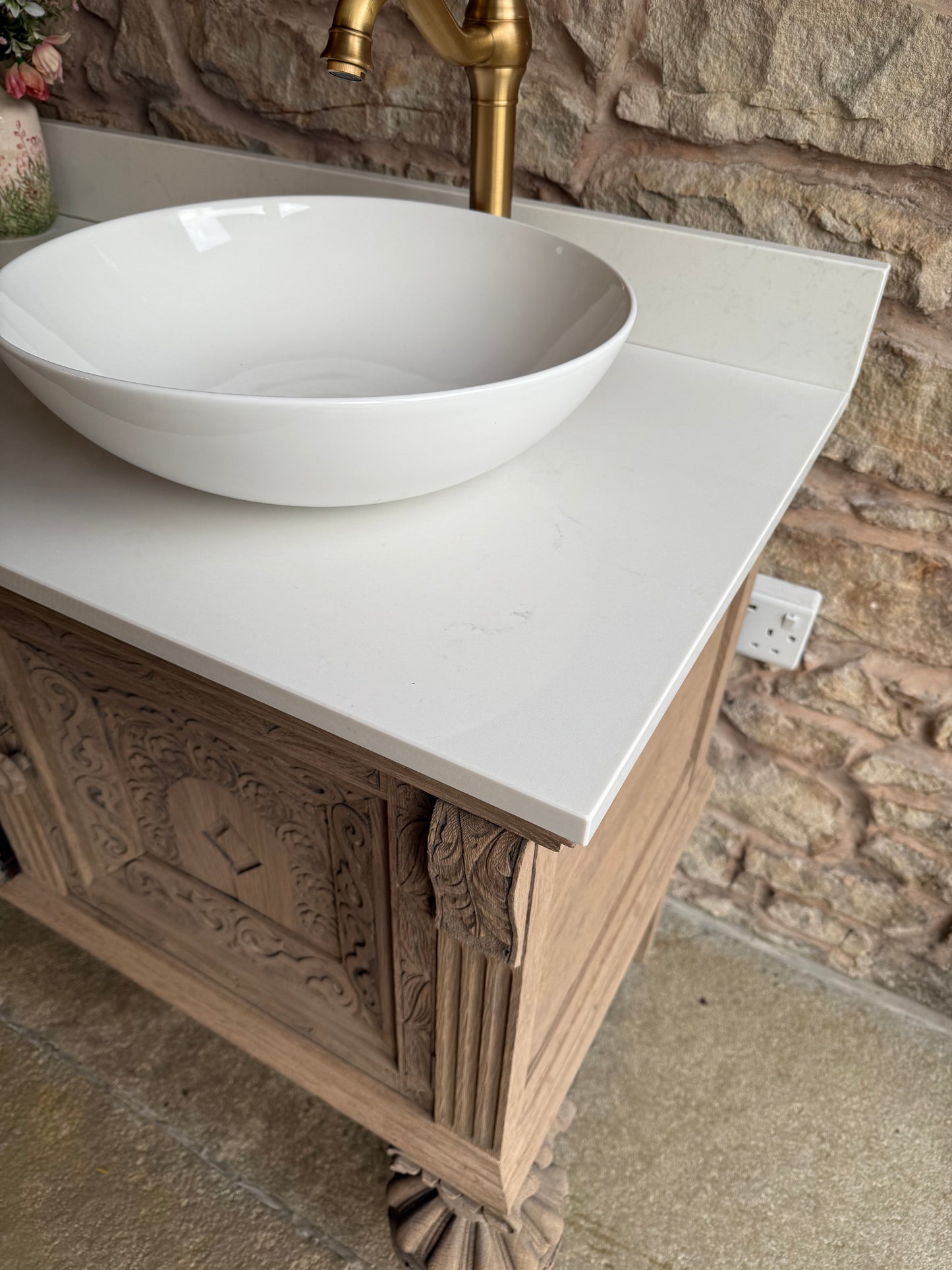 Antique Ornate Solid Oak large, double vanity Sink, Carrara Quartz top, Upstand and two basins. (185cm wide)