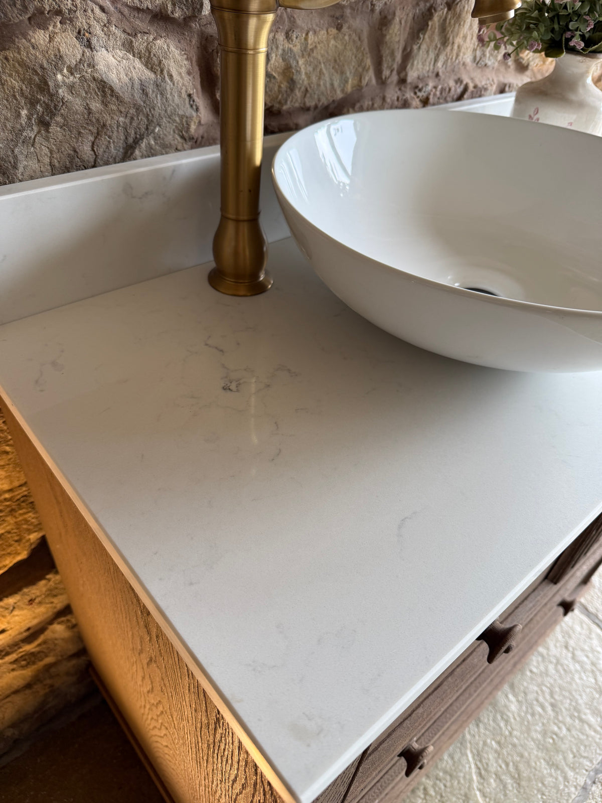 Vintage Oak Vanity Sink Unit, Quartz Top, Upstand and Basin (78cm wide)