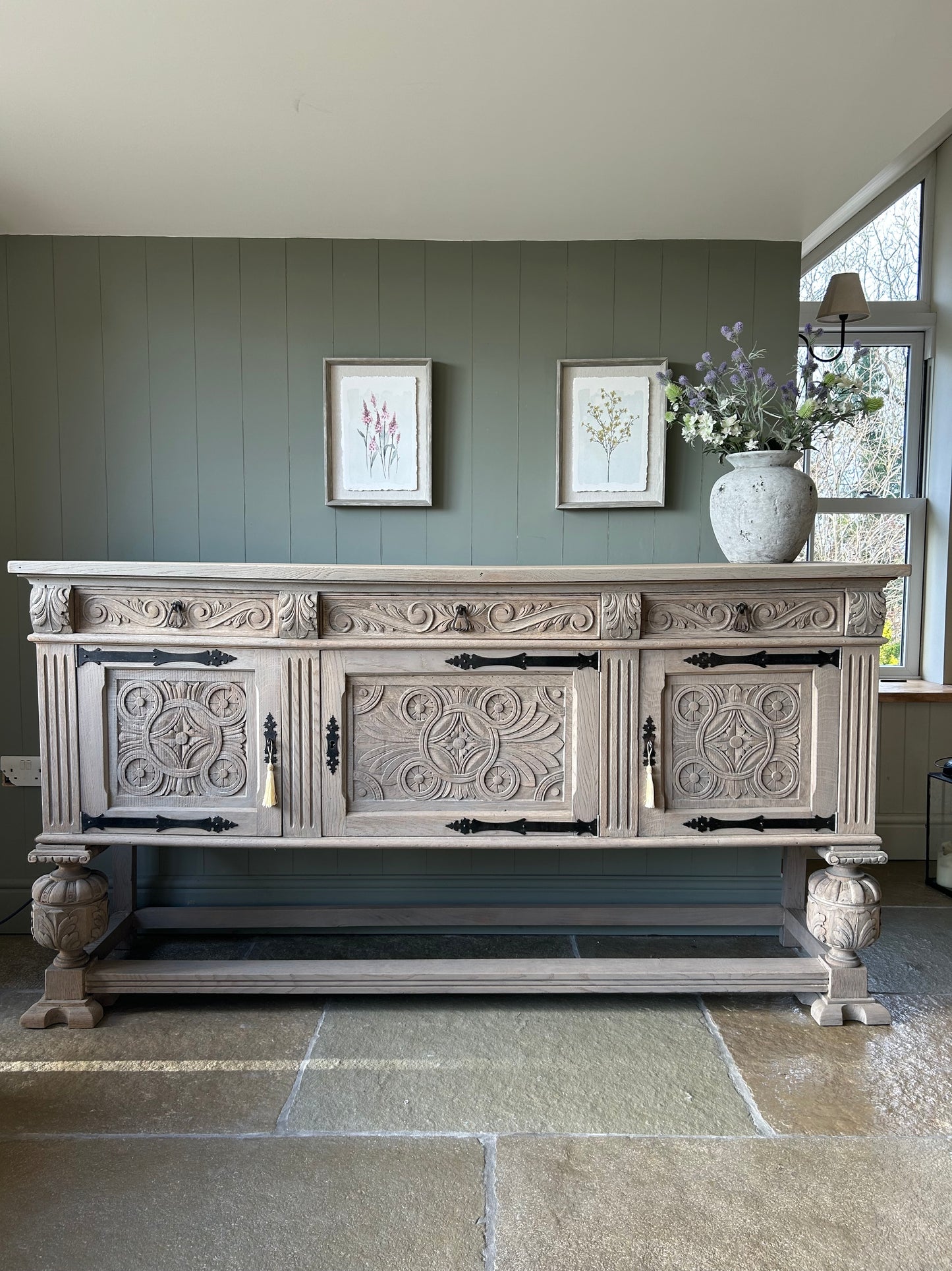 Large Ornate Carved Rustic Antique Sideboard.