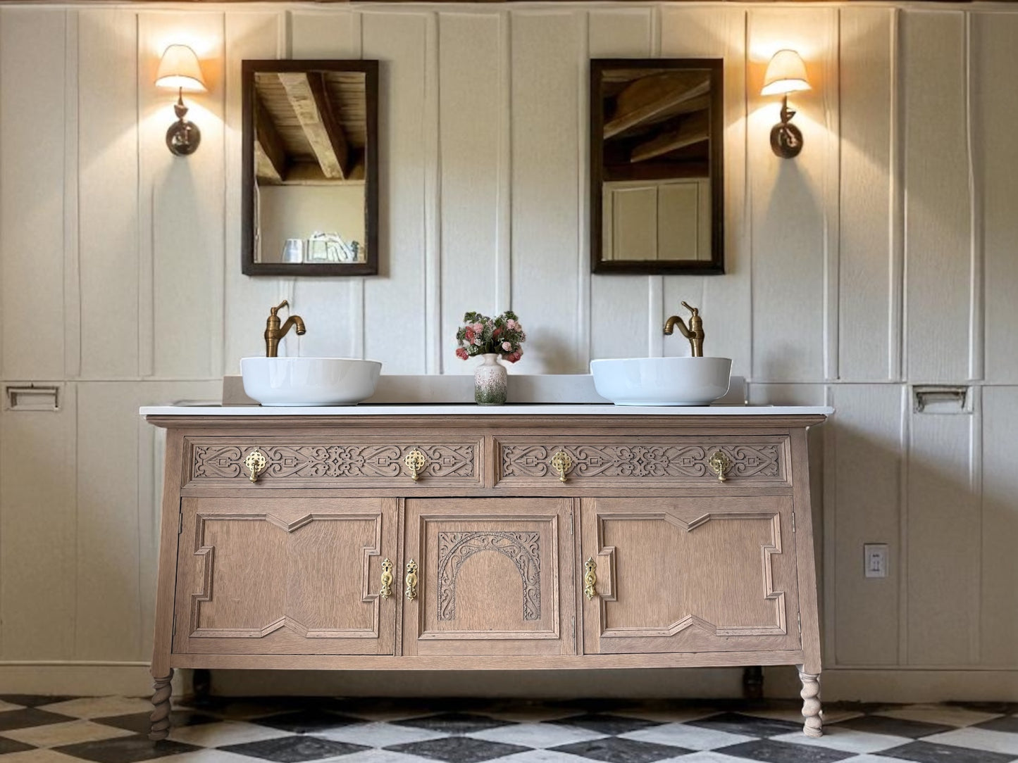 Large Double Vanity Sink, Quartz top, Upstand and two basins (186cm wide)
